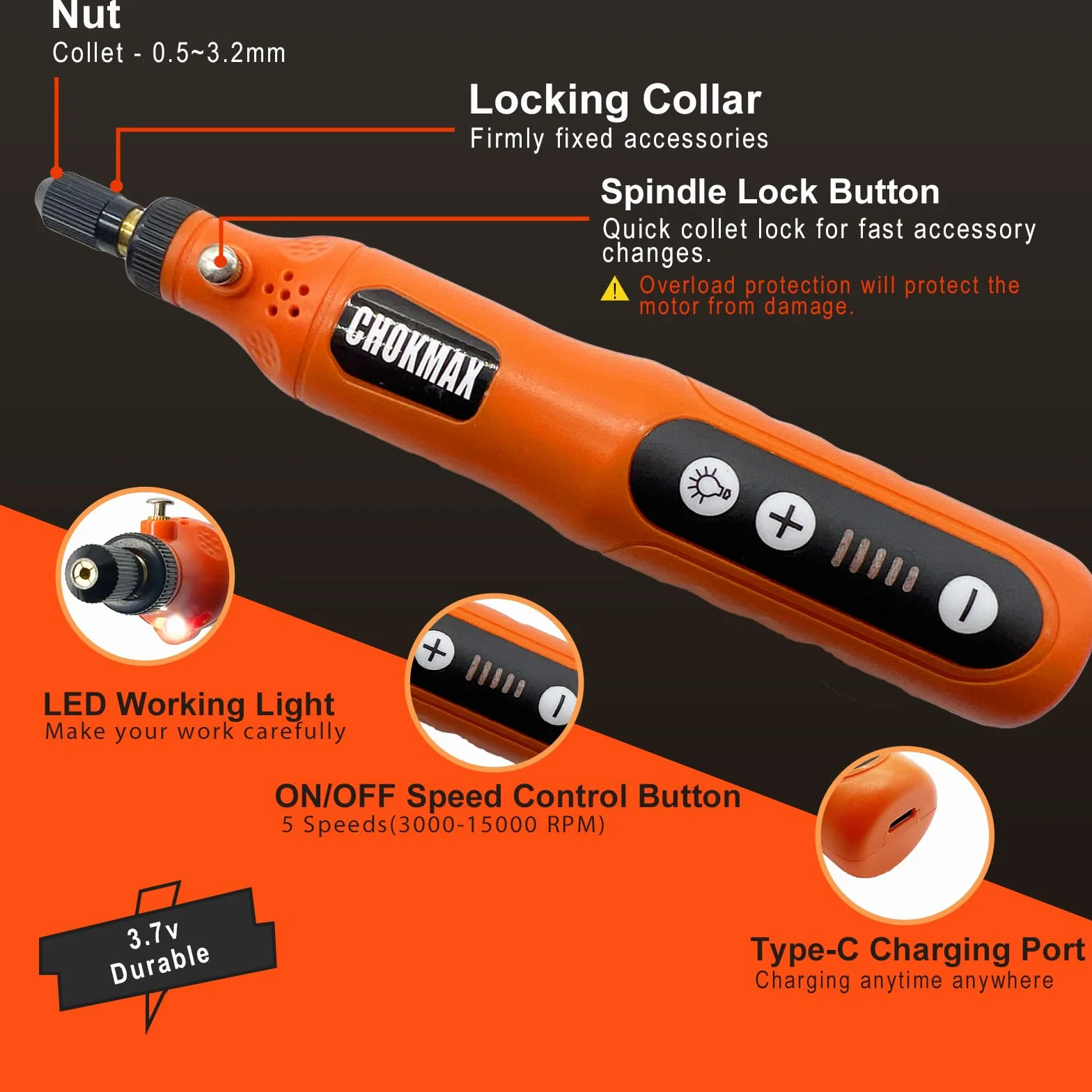 Mini utensile rotante senza fili, kit smerigliatrice 5 velocità con 72 accessori, luce LED, ricarica tipo C