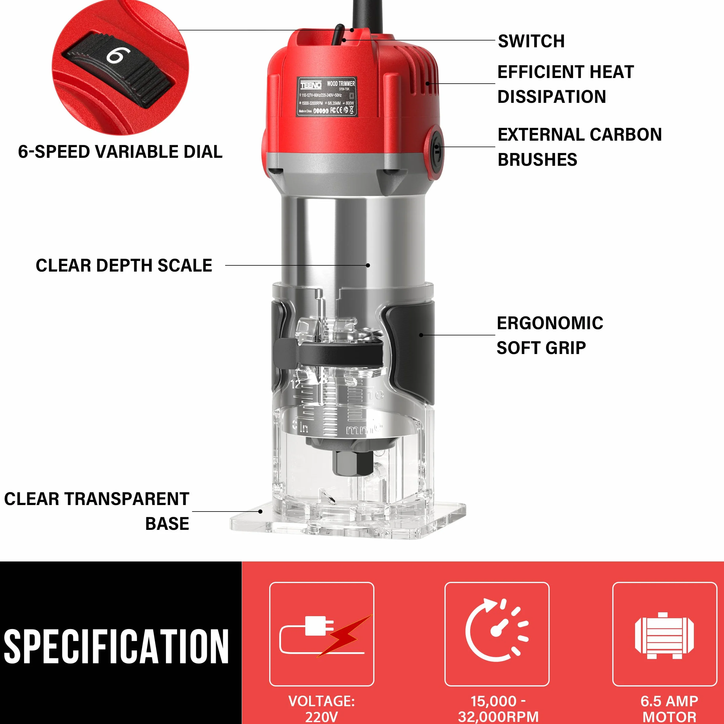 TEENO Rifilatore Fresatrice Verticale per Legno 800W 15000-32000 RPM, 6 Velocità Variabili Legno Rifilatrice Elettrica,32 Accessori,15 pezzi 1/4" Fresatura Cuter, Mandrino 6/6.35,SCATOLA DI PLASTICA