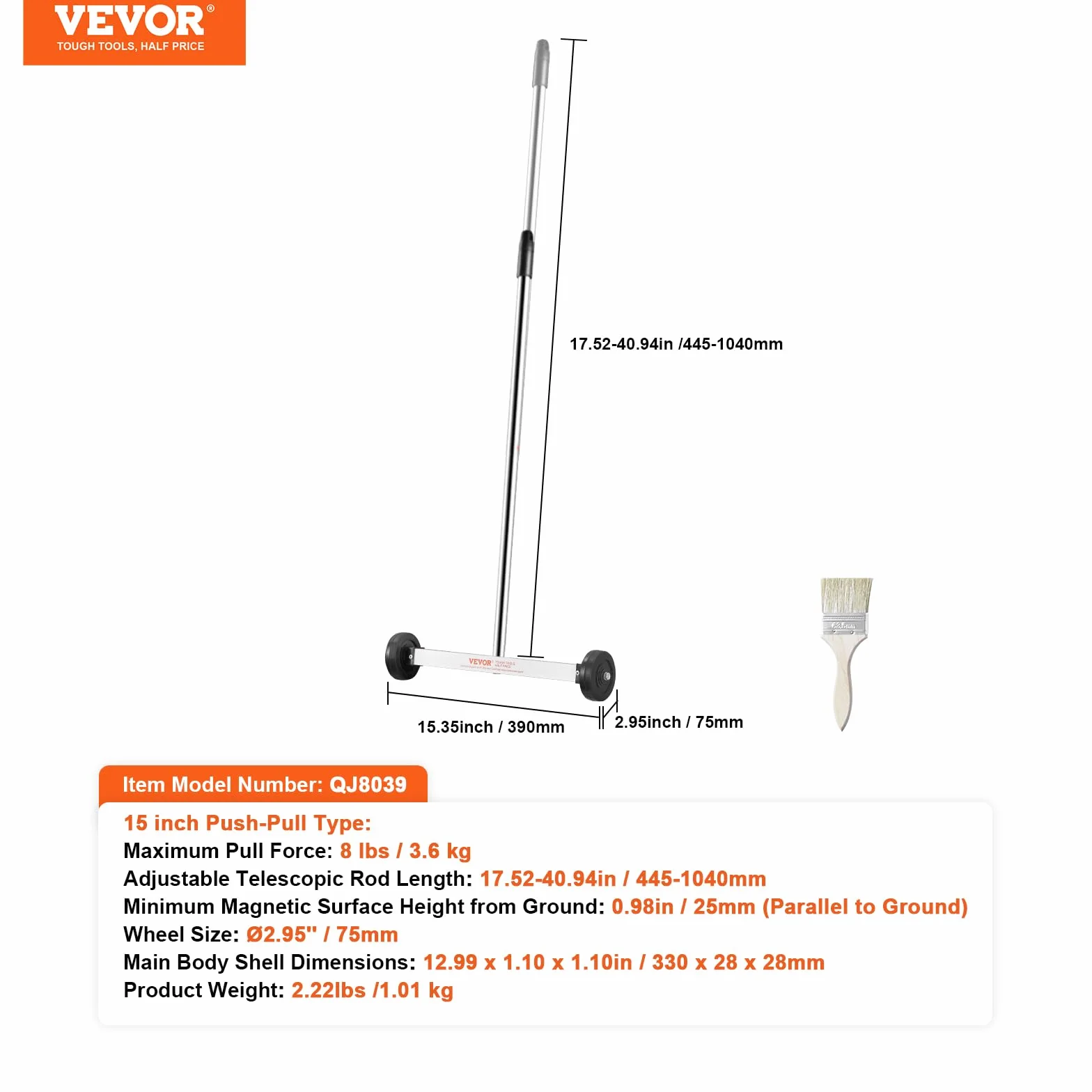 VEVOR Spazzatrice Magnetica 38cm, Maniglia Regolabile, Cap. Max. 3,6kg per Chiodi e Viti, Pulizia Garage Officina