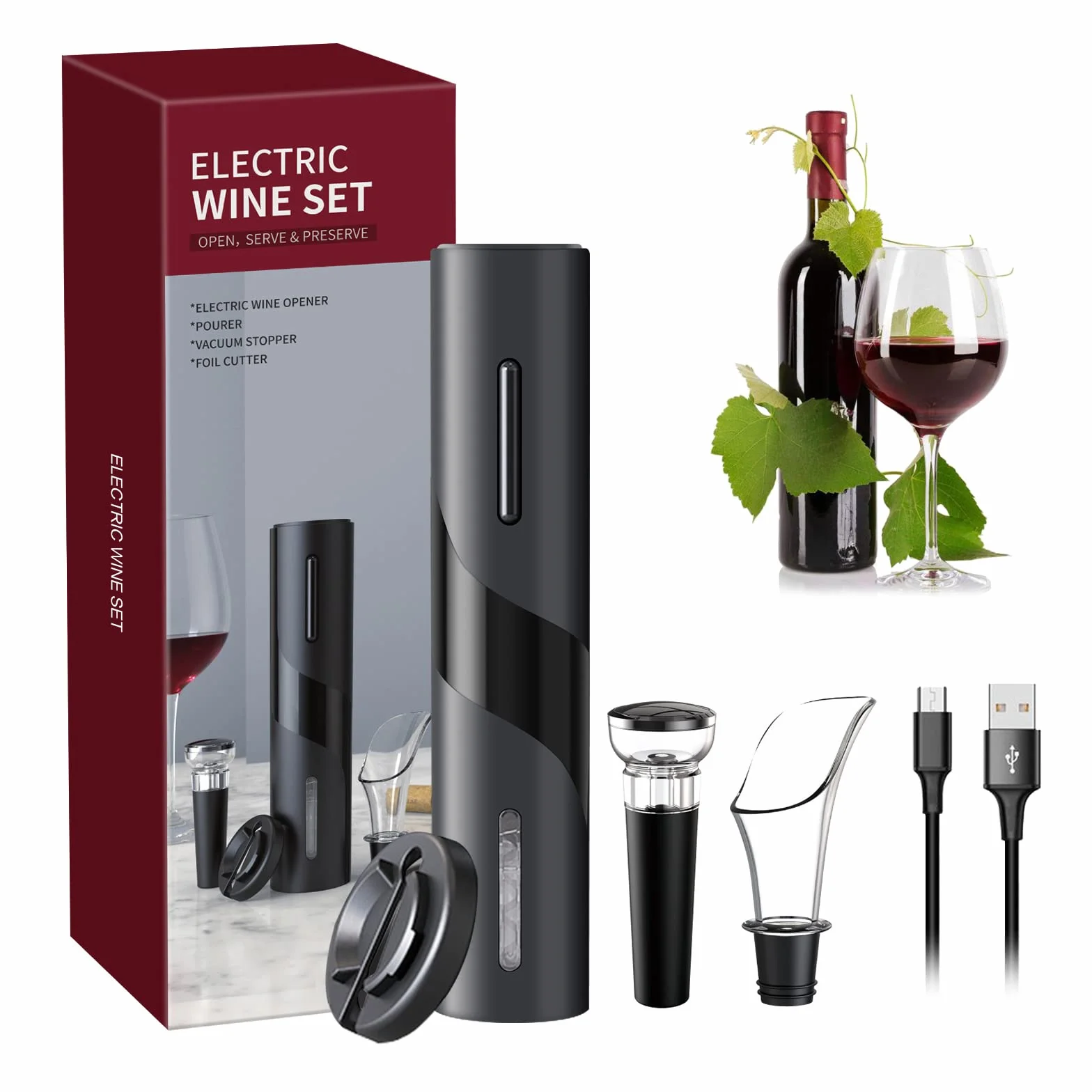 Cavatappi Elettrico, Set Apribottiglie Professionale Vino 4 In 1 con Linea di Ricarica USB, Tagliapasta Stagnola, Tappo del Vino di Vuoto, Versatore (Nero)