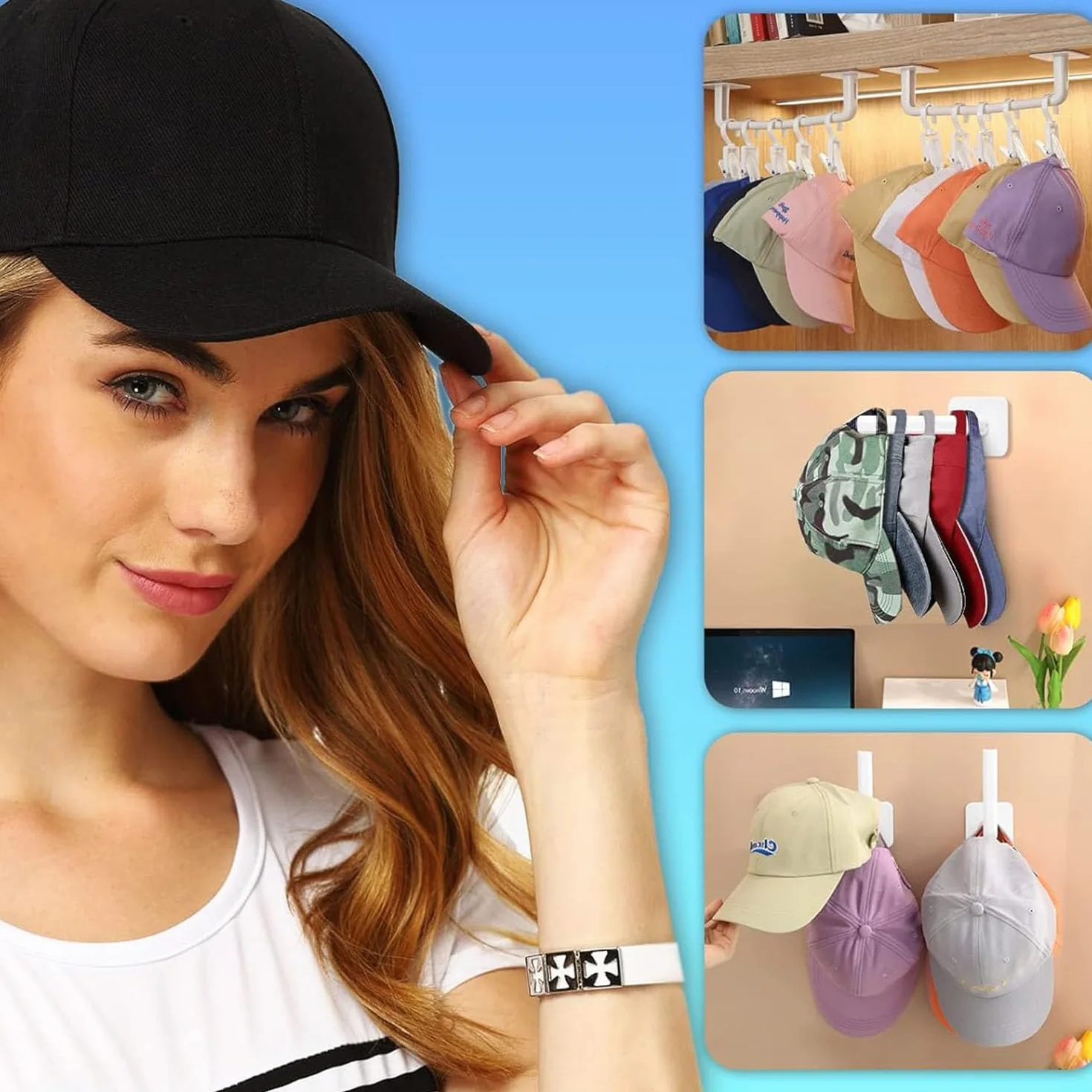 4 Supporti Autoadesivi per Cappelli da Baseball Ba Parete non Bevono Essere Perforati Adatti per Cappelli da Baseball Sciarpe Borse (Bianco,Nero,Grigio) (Bianco)