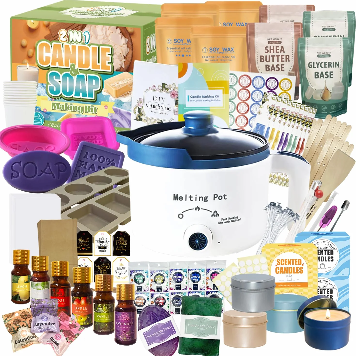 LFISGNN Set Di Candele E Sapone 2 in 1 Per Principianti, Set Completo Fai Da Te Per Realizzare Bastoncini Di Sapone Fatti A Mano E Candele Profumate Con Pentola E Accessori