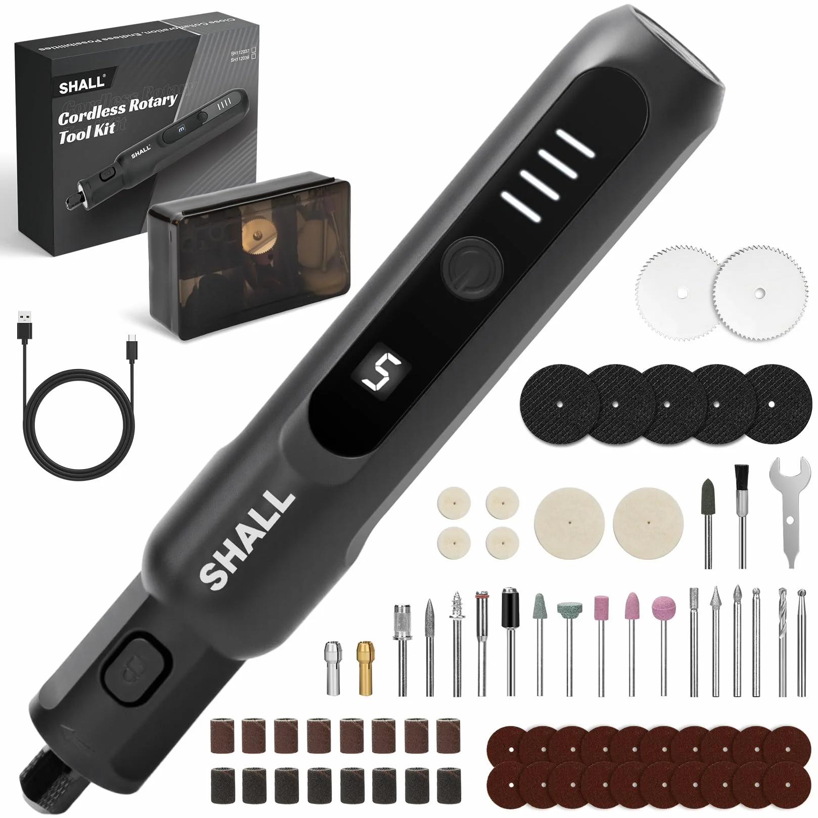 SHALL Smerigliatrice senza fili 3,7V 20000 giri/min 5 velocità Kit con 70 accessori e luce LED