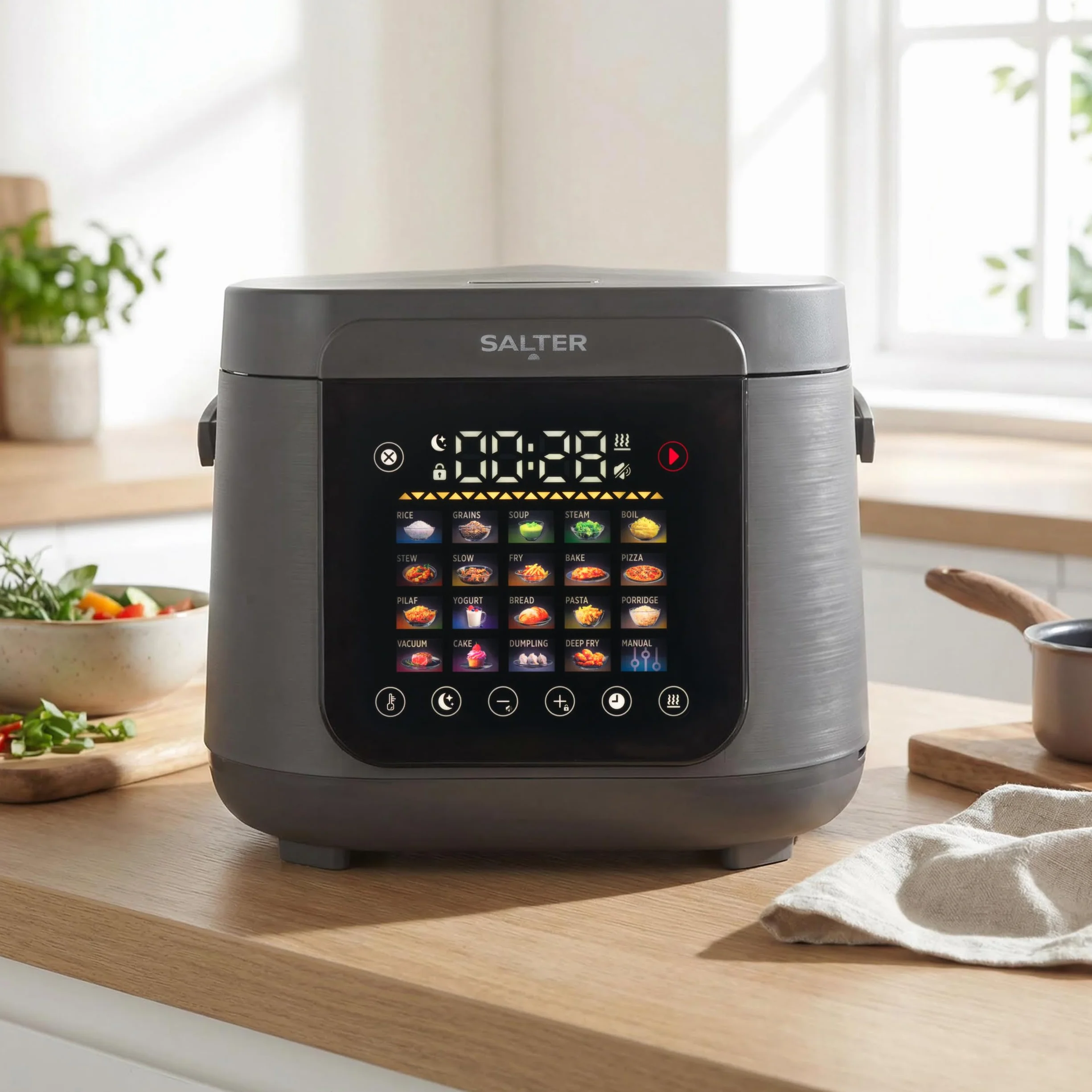 Salter Multicooker 5 Litri - 20 Programmi Preimpostati e Mantieni Caldo per 12 Ore, Rivestimento Antiaderente Senza PFAS, Coperchio Interno Rimovibile e Valvola di Vapore, 860W
