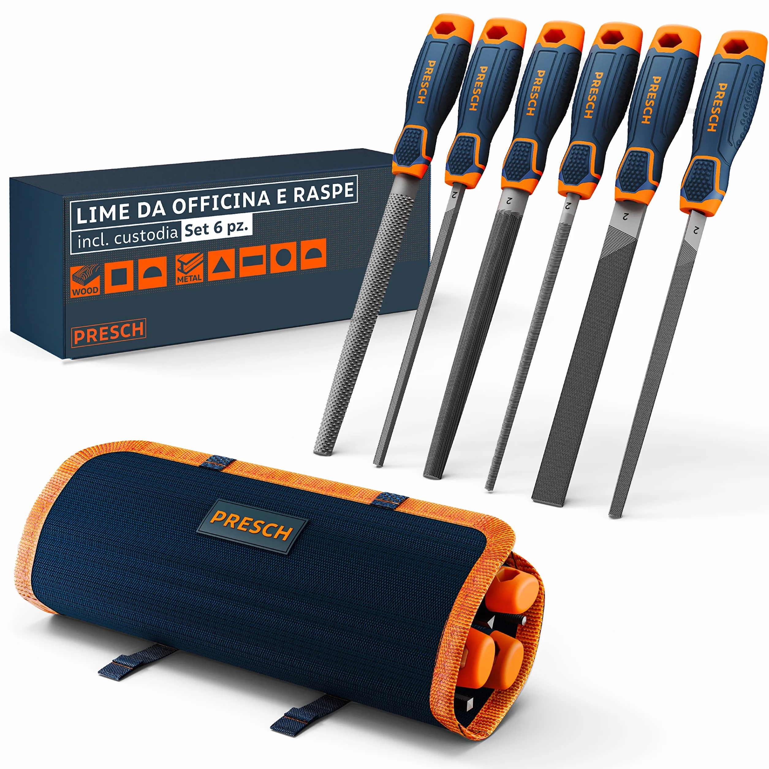 Presch Set di lime per legno e metallo 6 pezzi incl. borsa - Set di lime incl. raspa semitonda, lima piatta per ceppi, lima semitonda, lima rotonda, lima triangolare e lima quadrata