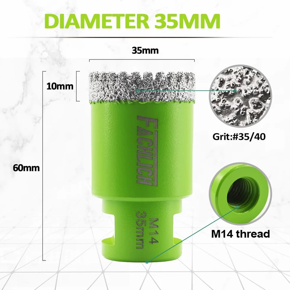 Punta per Trapano Diamantata 35mm- FACHLICH Vacuum Brasato Foretto Diamantato con Filettatura M14 per Porcellana Piastrella Granito Marmo Taglio a Secco