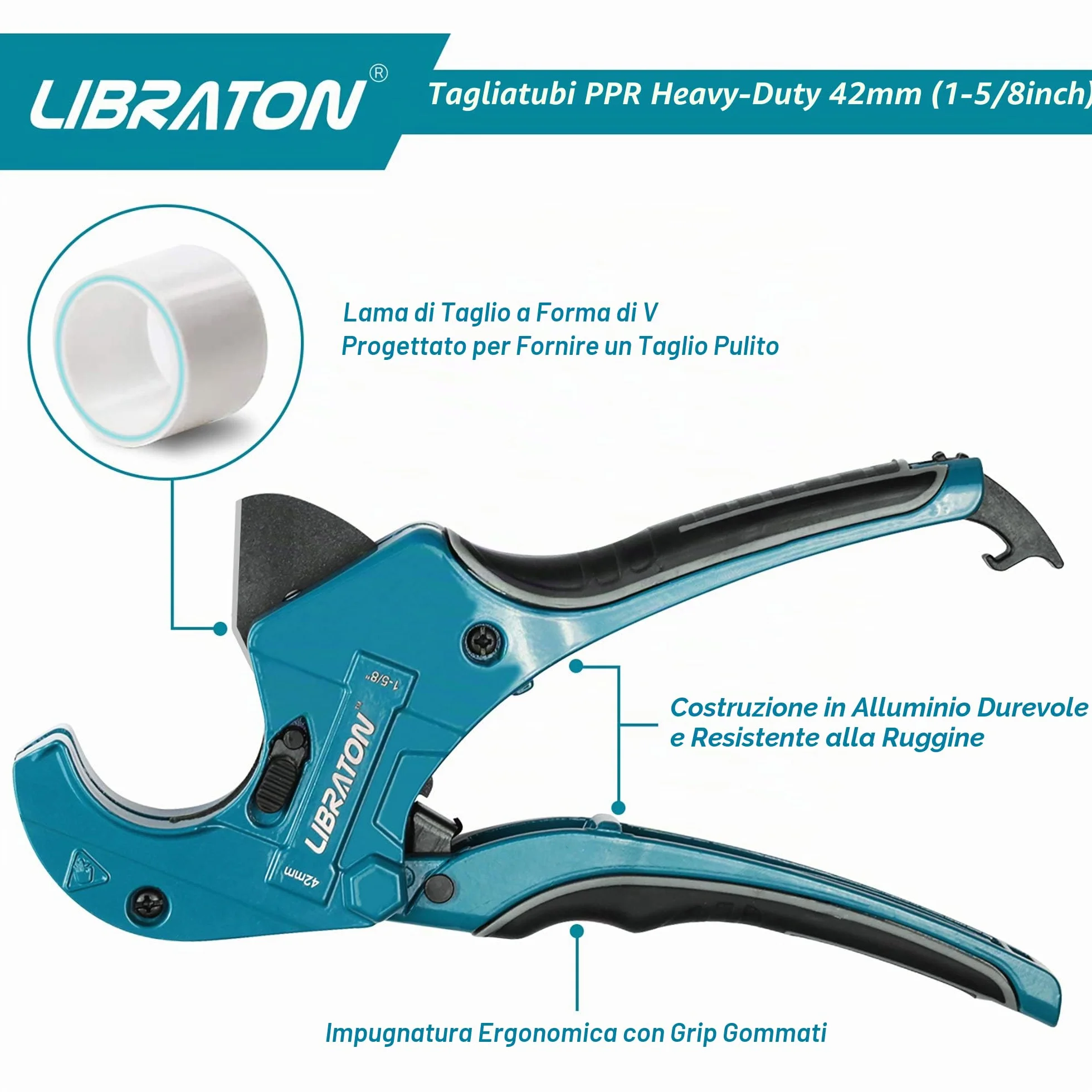 Libraton PVC Tagliatubi, 42mm Taglierina per tubi in PVC, Macchina da Taglio a Cricchetto per Tagliare di Tubi in PVC, PPR, PEX, Idraulici