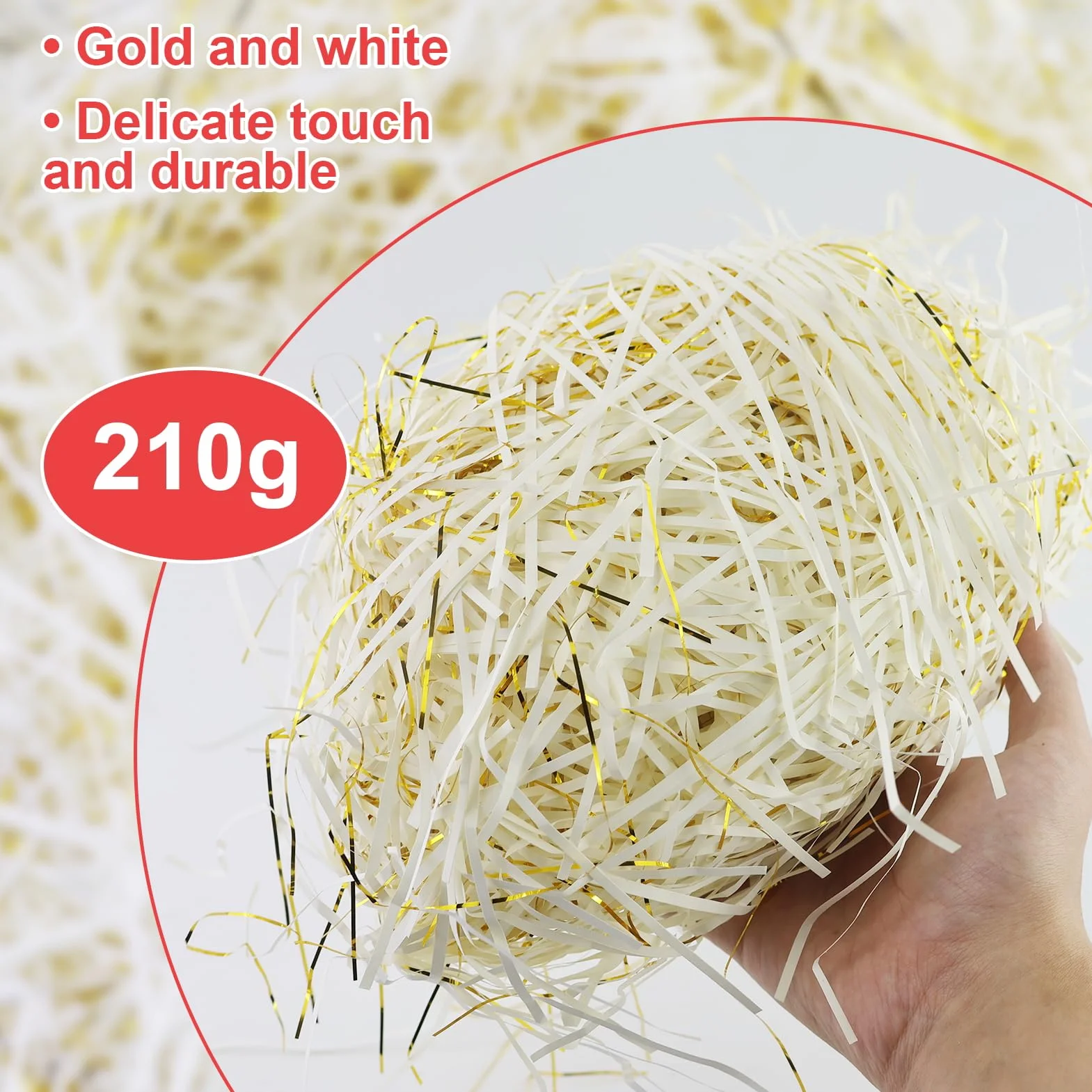 Carta velina triturata da 210 g, carta velina triturata per scatole regalo, bianco e oro, carta sminuzzata, riempitivo per confezioni regalo e borse, riempimento e riempimento ideali,