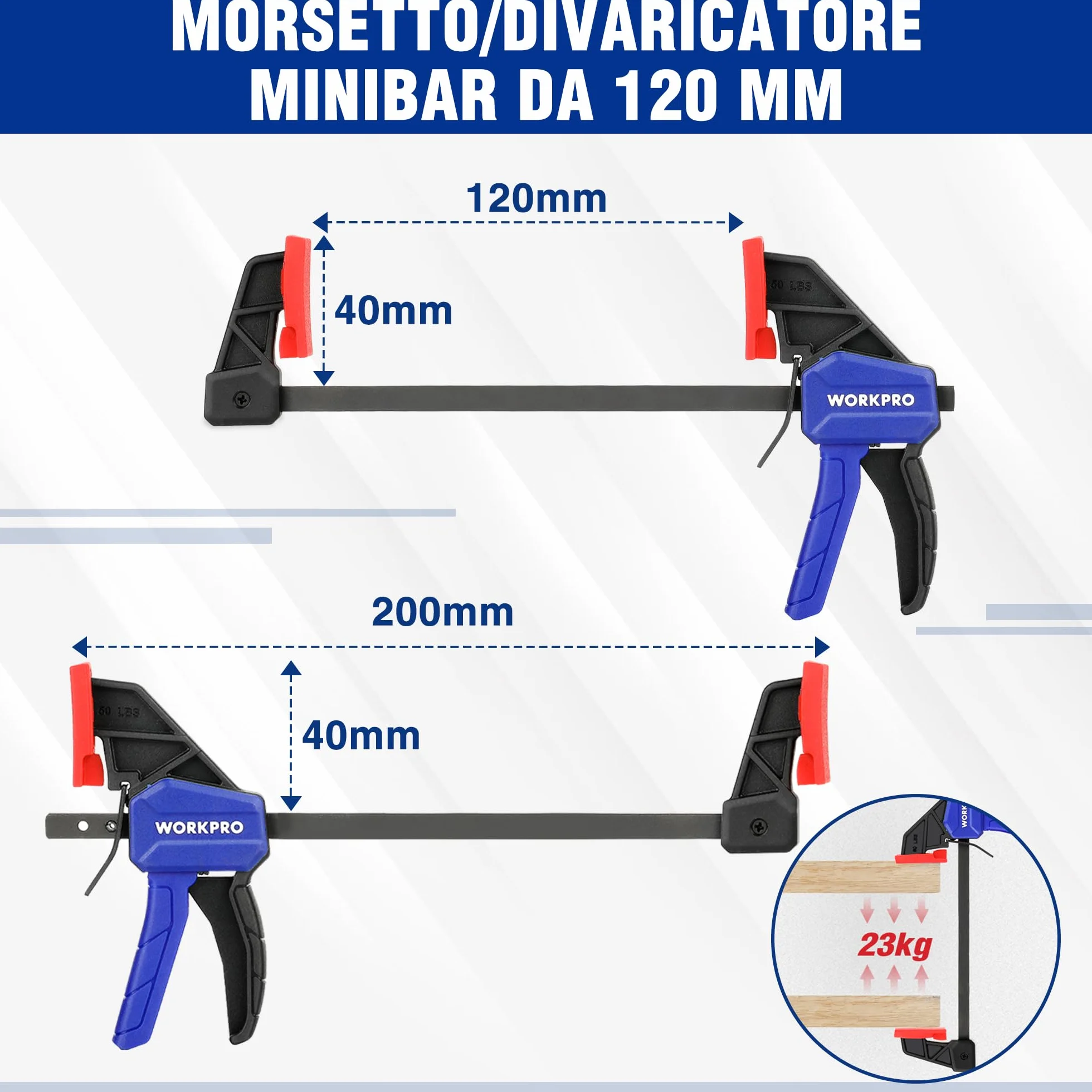 WORKPRO Set di Morsetti da Falegname a 4 Pezzi, Morsa Regolabile con Apertura 120/150 mm, Estensibilità 200/285 mm, Forza di Serraggio 23/68 kg, Realizzati in Acciaio e Nylon per una Fissaggio Preciso