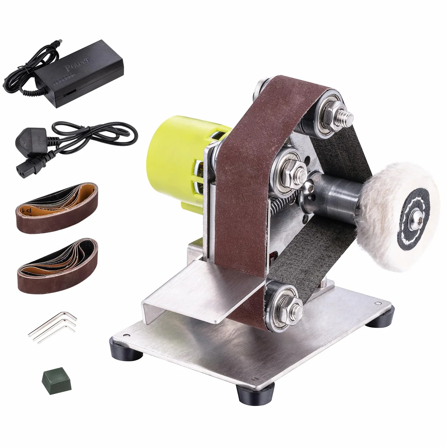 TOPWAY Mini Levigatrice Elettrica a Nastro, Levigatrice a Nastro Multifunzione Smerigliatrice da Banco con 7 velocità Regolabili e 20 Pezzi Nastri da 330 x 30 mm e Ruota Lucidante in Tessuto