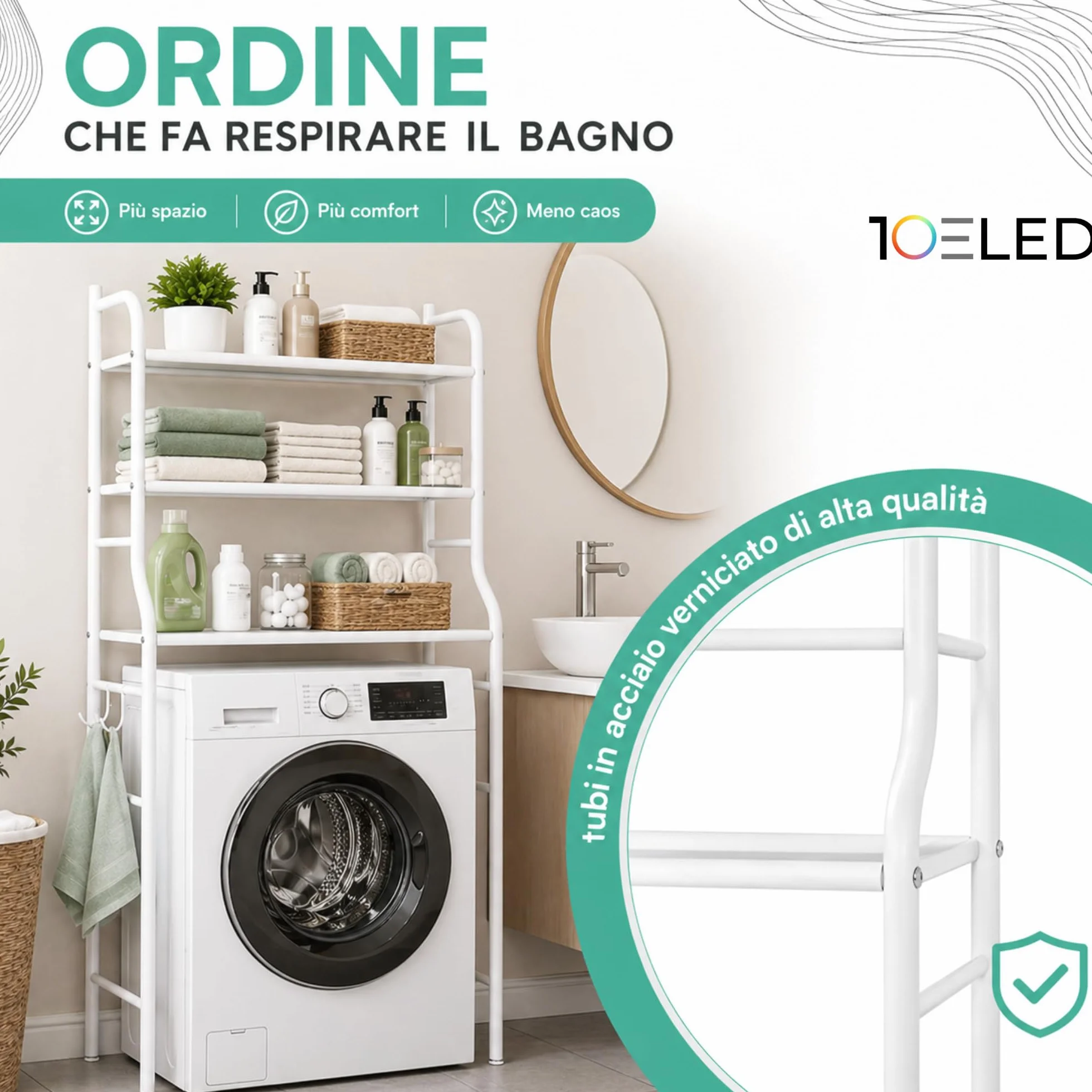 Mobile Lavatrice Salvaspazio con 3 Ripiani STABILE - Scaffale Organizer Bagno e Lavanderia in Acciaio - MONTAGGIO SEMPLICE con Ganci Laterali e Piedini REGOLABILI per Detersivi, Asciugamani e Altro