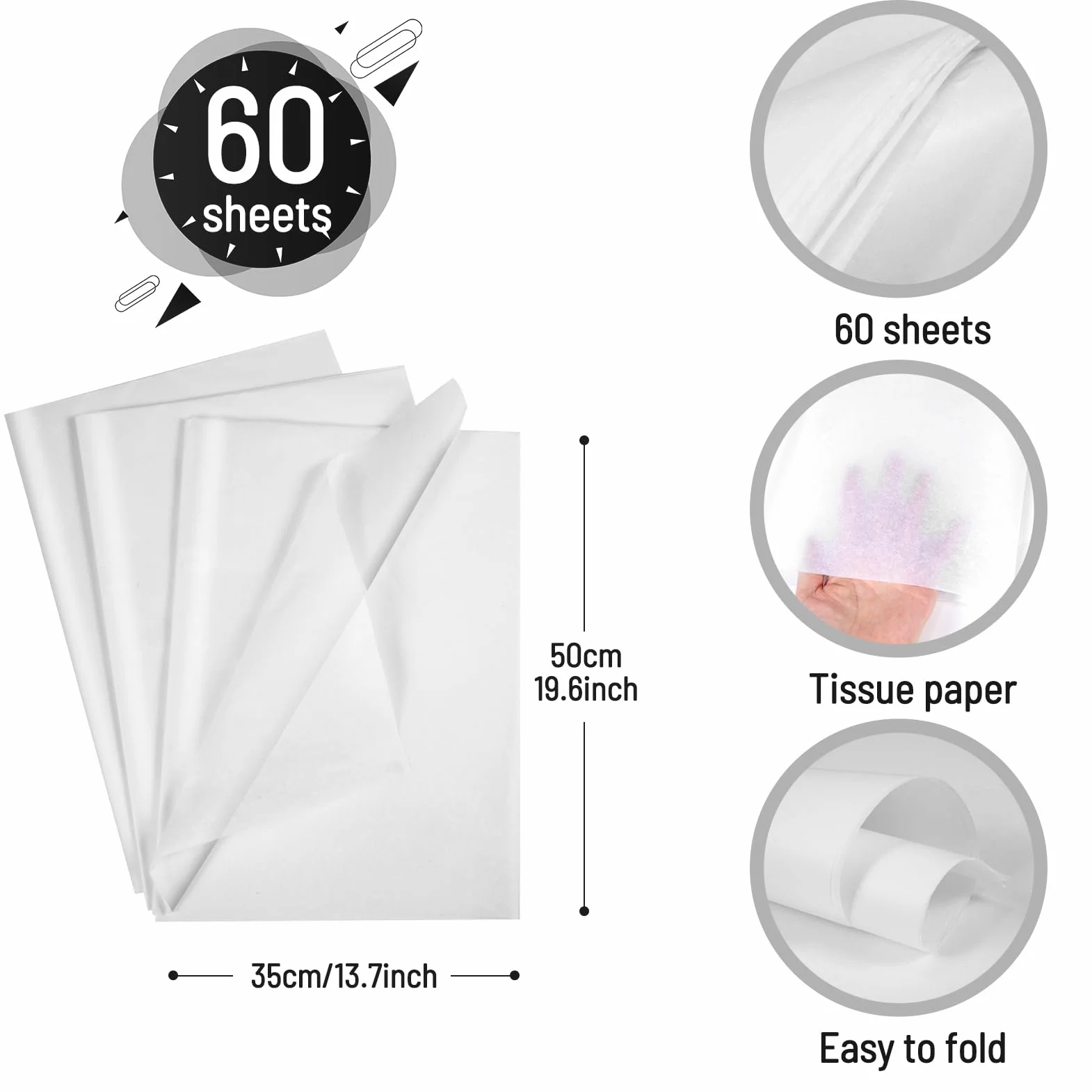 Carta Velina Bianco 50×35cm 60 Fogli Carta da Regalo per Artigianato