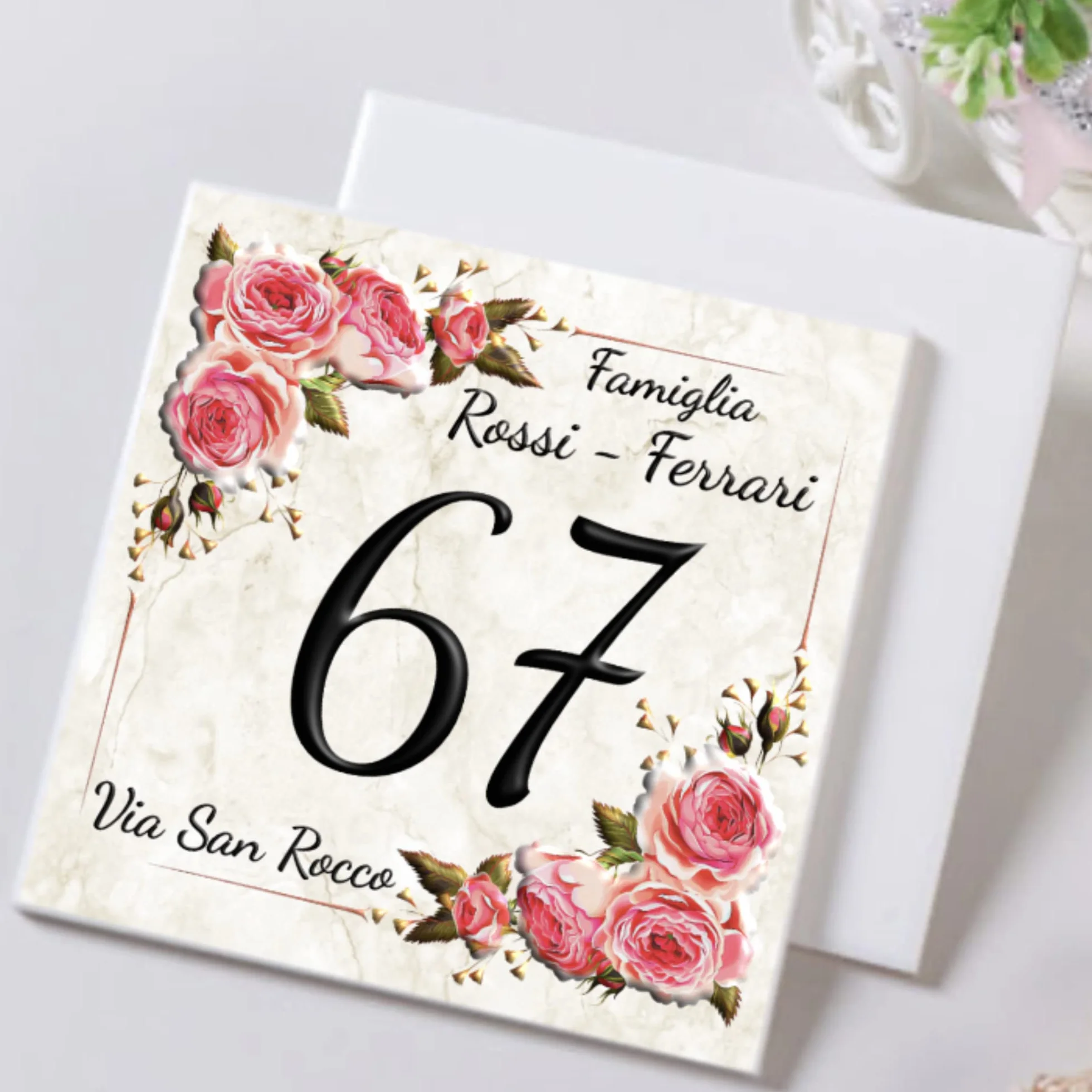 Targa Ceramica Personalizzabile Numero Civico 15x15cm 20x20cm con Indirizzo e Nome Famiglia
