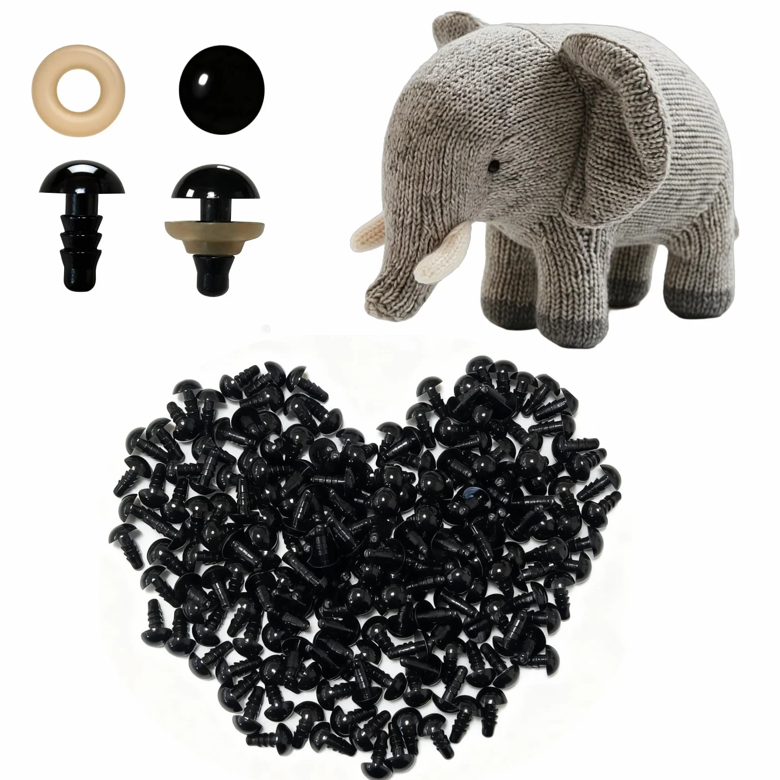 200 pezzi occhi di sicurezza 8 mm con rondelle per amigurumi, pupazzi, bambole e progetti fai-da-te, occhi plastica neri, accessori uncinetto, cucito, feltro, bricolage e artigianato creativo
