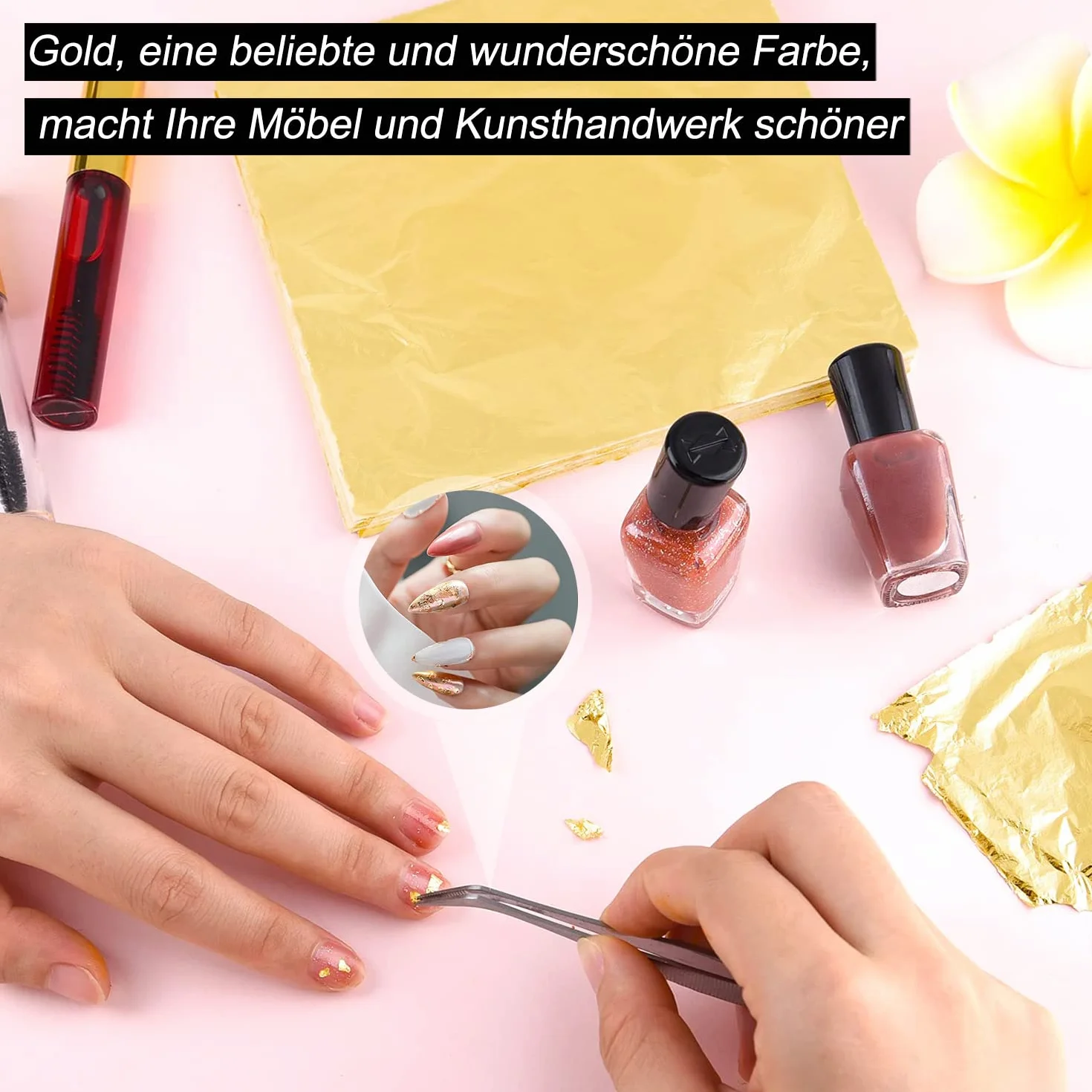 ACONDE Foglia d'oro Imitazione, Foglia d'oro per Nail Art, Pittura, Decorazione Artigianale e Fai da Te, 100 Pezzi, Dorata, 8cm