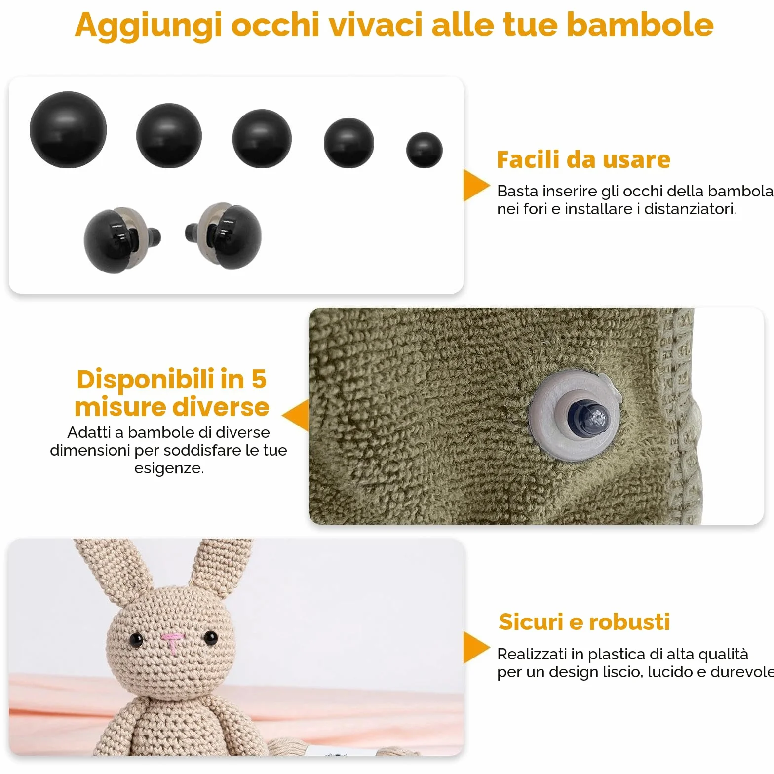 Occhi di Sicurezza 142 Pezzi - Occhi a Bottone in Plastica per Bambole, Peluche e Orsacchiotti, Fai da Te, 6-12 mm