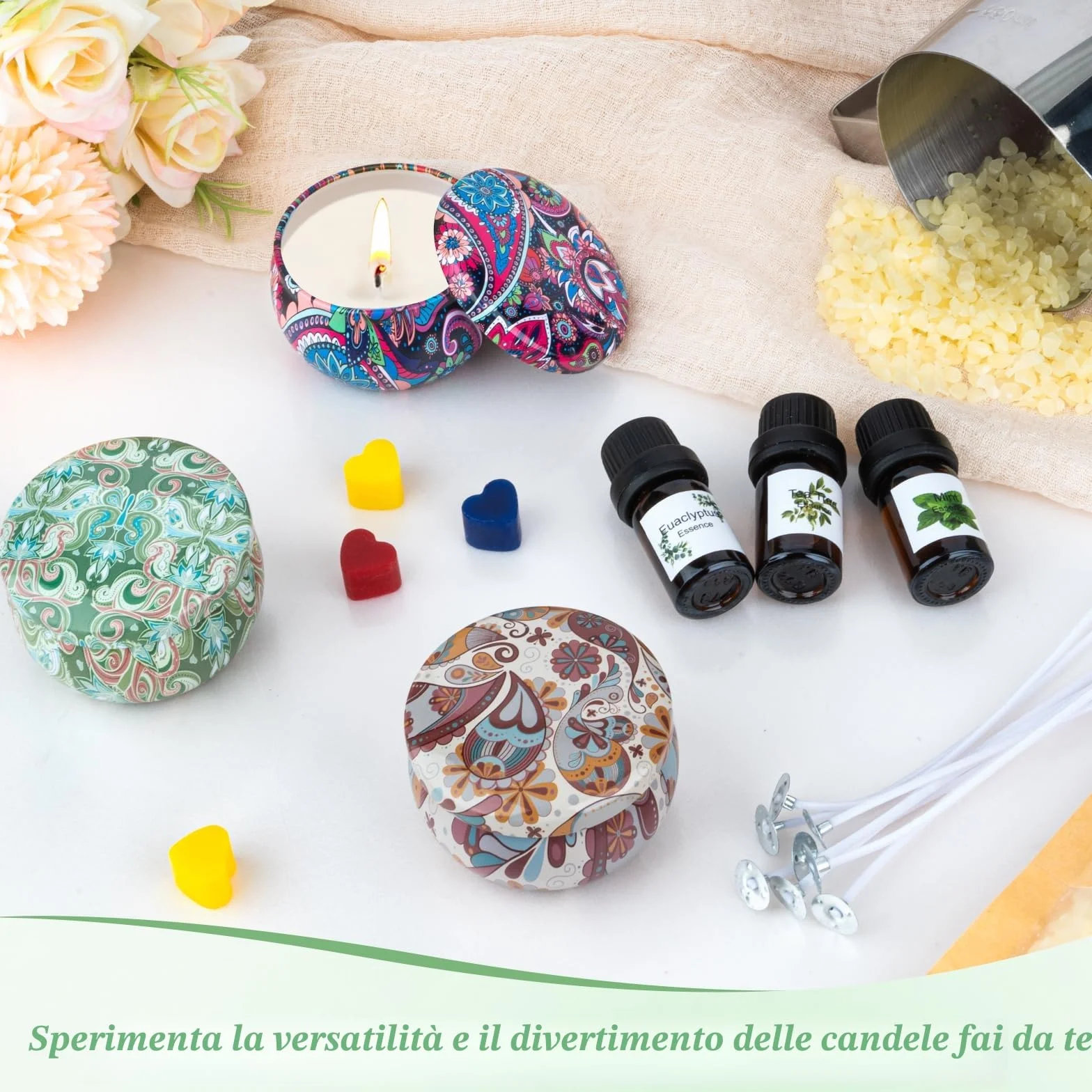 VICBAY Kit Candele Fai Da Te, Cera per Candele Fai Da Te, DIY Set Regalo per Candele, 480g Cera Soia, 9 Candele Barattoli, 6 Oli Profumati, 100 Stoppini, 112 Adesivi