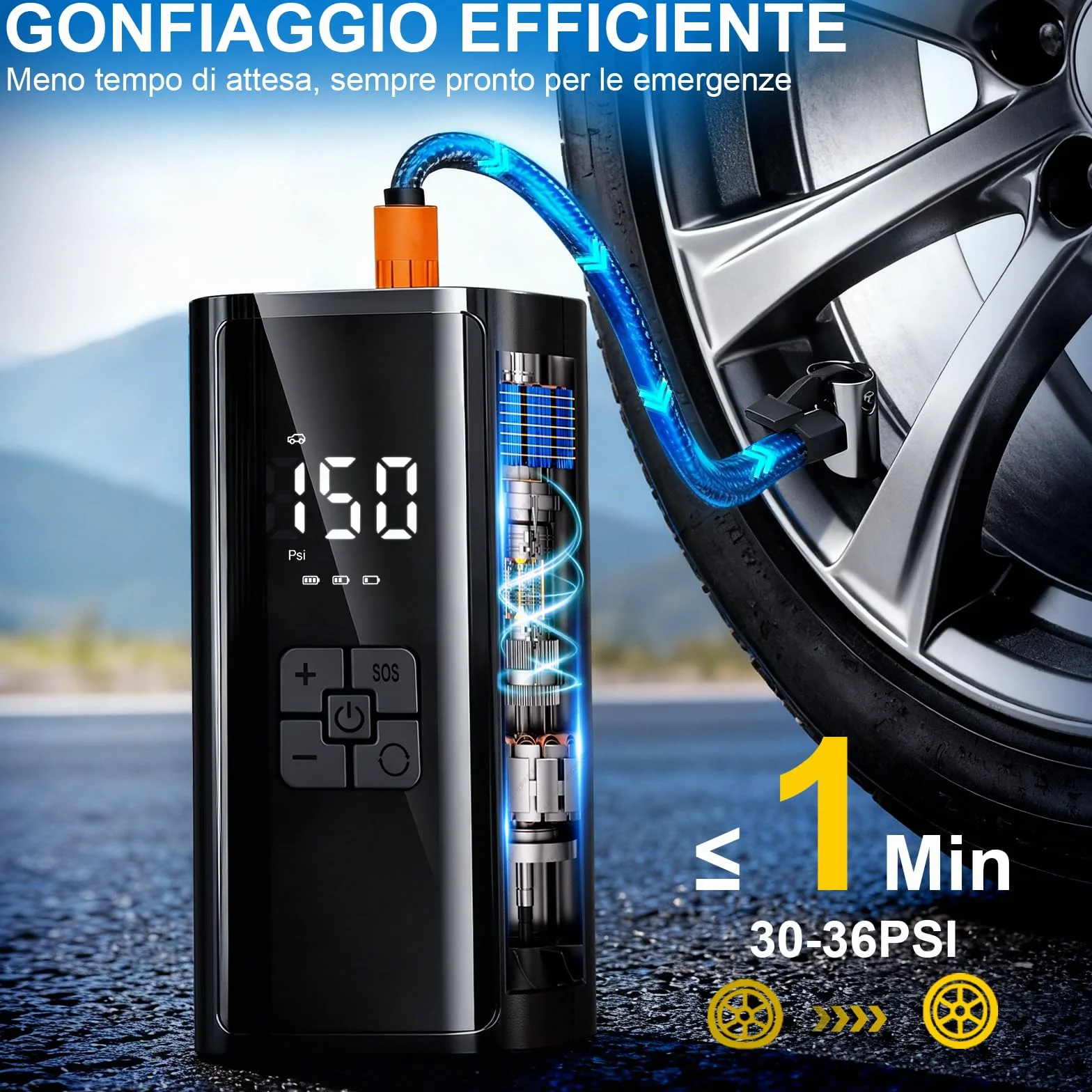 Compressore Aria Portatile, Compressore Portatile Bici, 150 PSI (10,3 Bar), Compressore Portatile Moto, Gonfiatore Elettrico con Automatico, LED, per Bicicletta, Auto, Moto, monopattino, Palloni