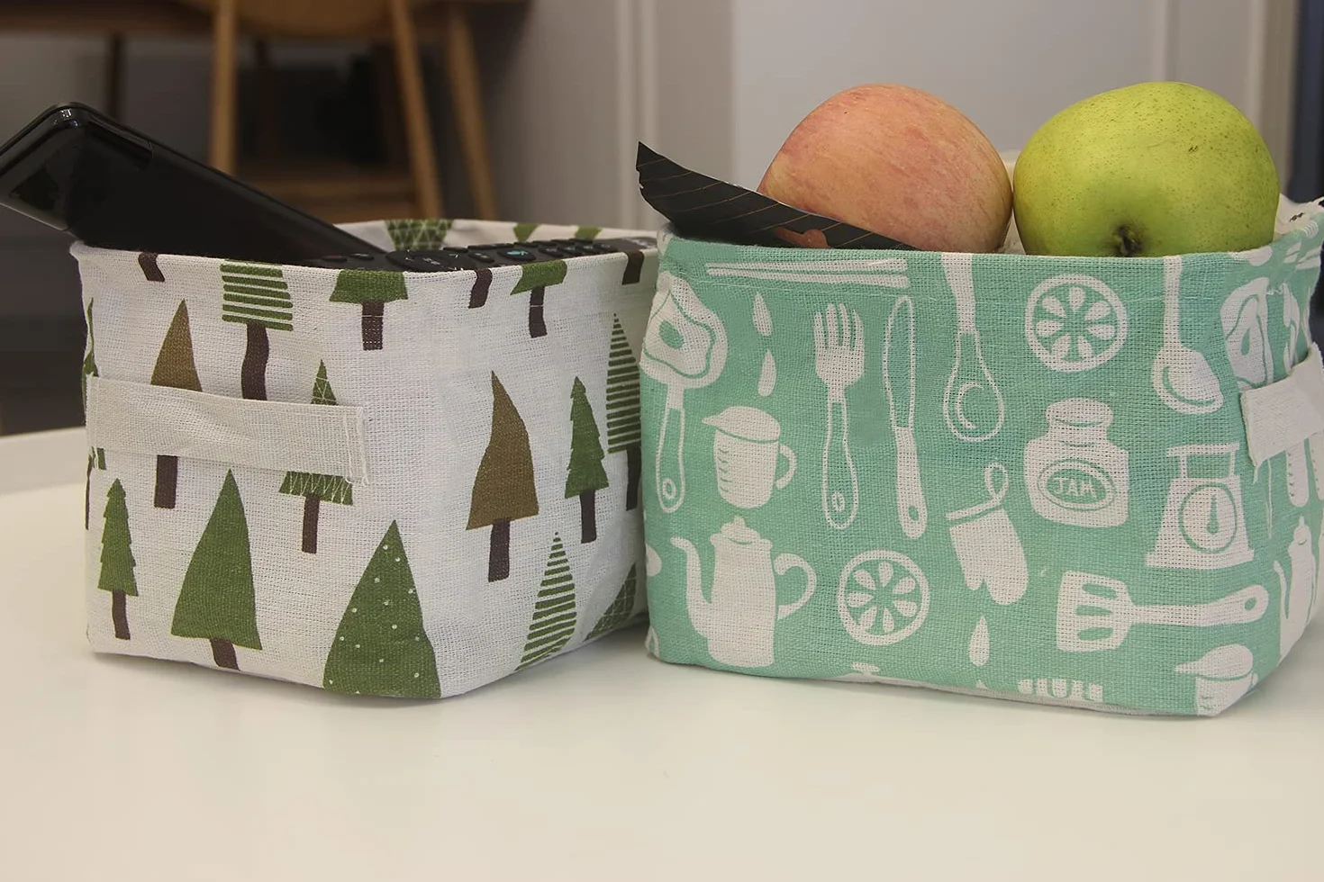 Set di 4 cestini portaoggetti per bambini, in lino, pieghevole, con 2 manici, per riporre la scrivania e la casa, 20 x 16 x 14 cm (alberi, animali)
