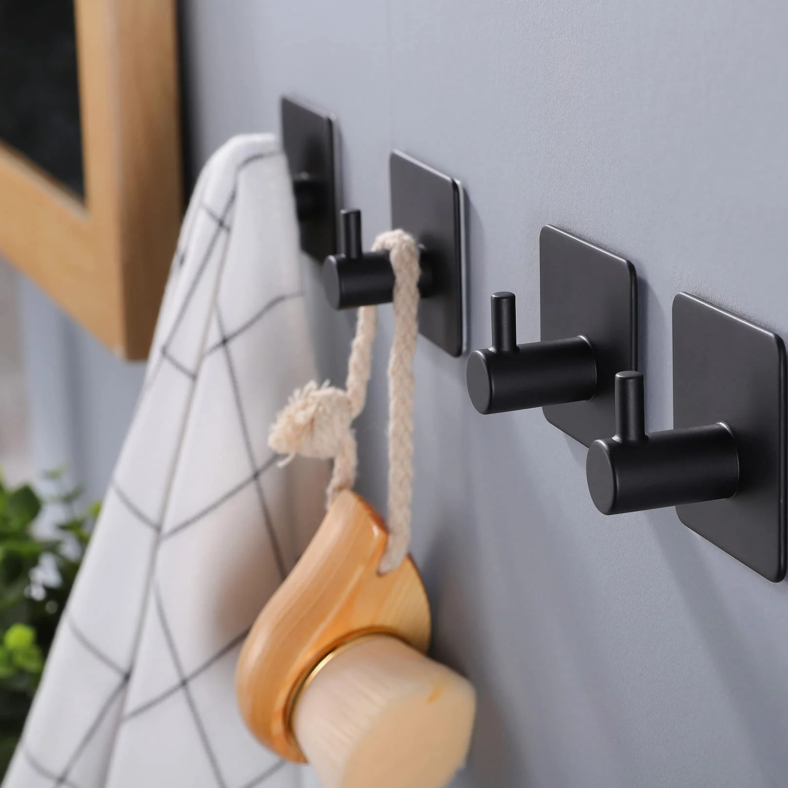Ganci Adesivi Portasciugamani Senza Foratura Acciaio Inox per Cucina Bagno, 4 Pezzi, Nero