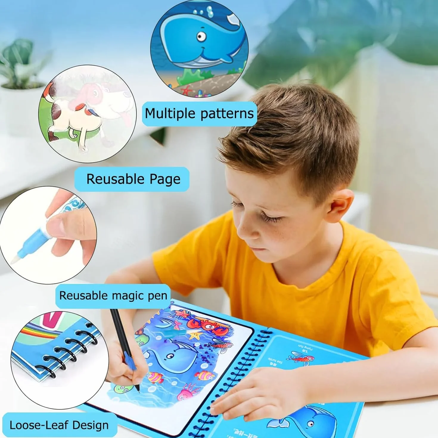 4 Pezzi Libro Magico ad con Acqua da Colorare, Magic Water Drawing Book, Libro di Pittura ad Acqua per Bambini, Water Book da Disegno, Per Bambini Dai 3 Anni