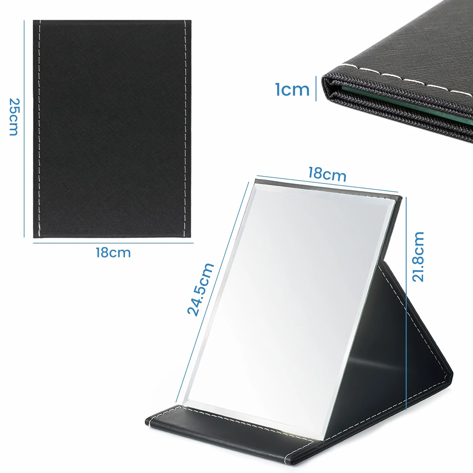 Specchio da Tavolo Portatile Pieghevole 25x18cm Pelle PU HD per Viaggio Trucco Nero