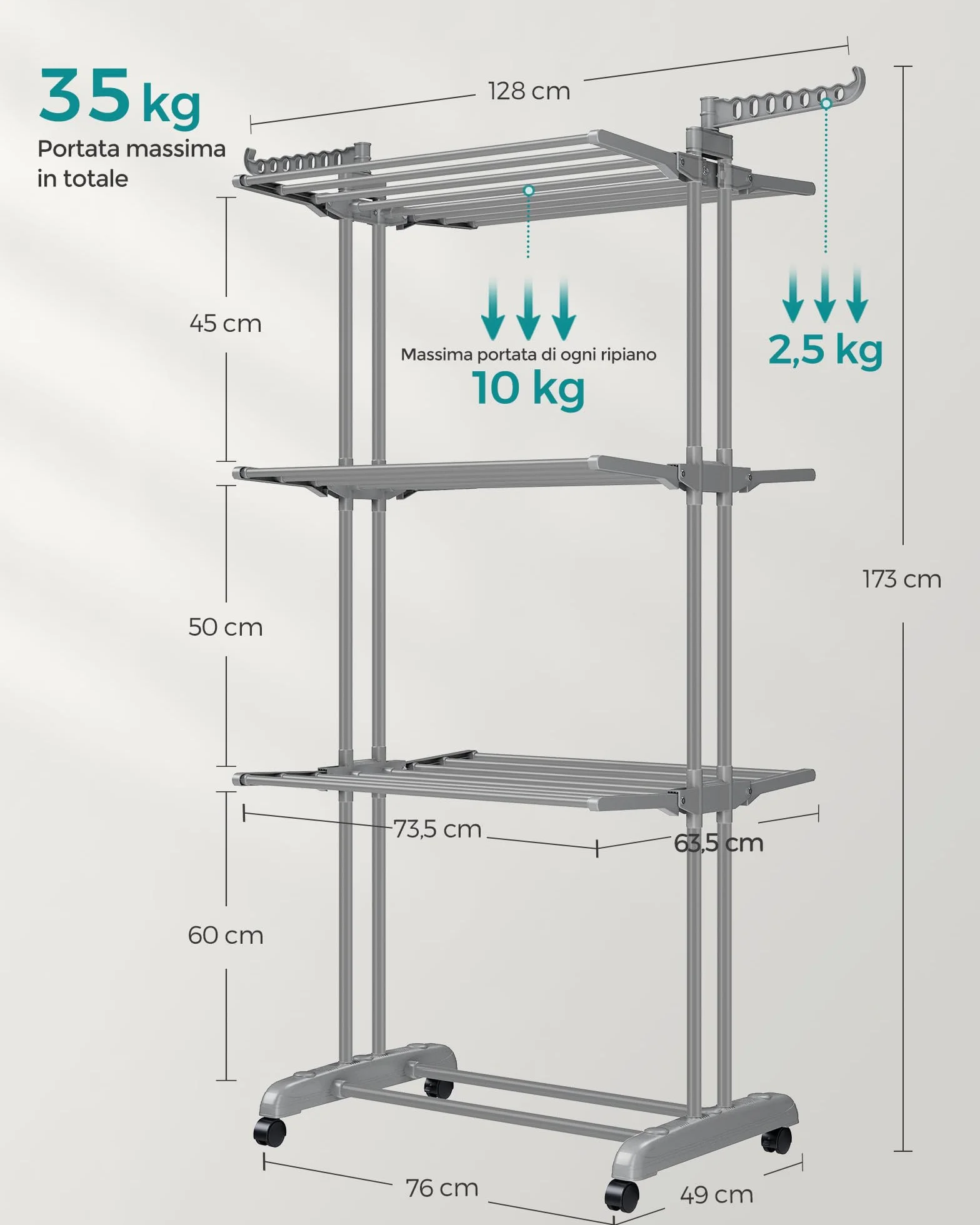 SONGMICS Stendibiancheria, Stendino Pieghevole a 4 Livelli, con Ruote e Ali Richiudibili, 63,5 x 128 x 173 cm, Capiente, Uso Interno ed Esterno, Grigio LLR701G01