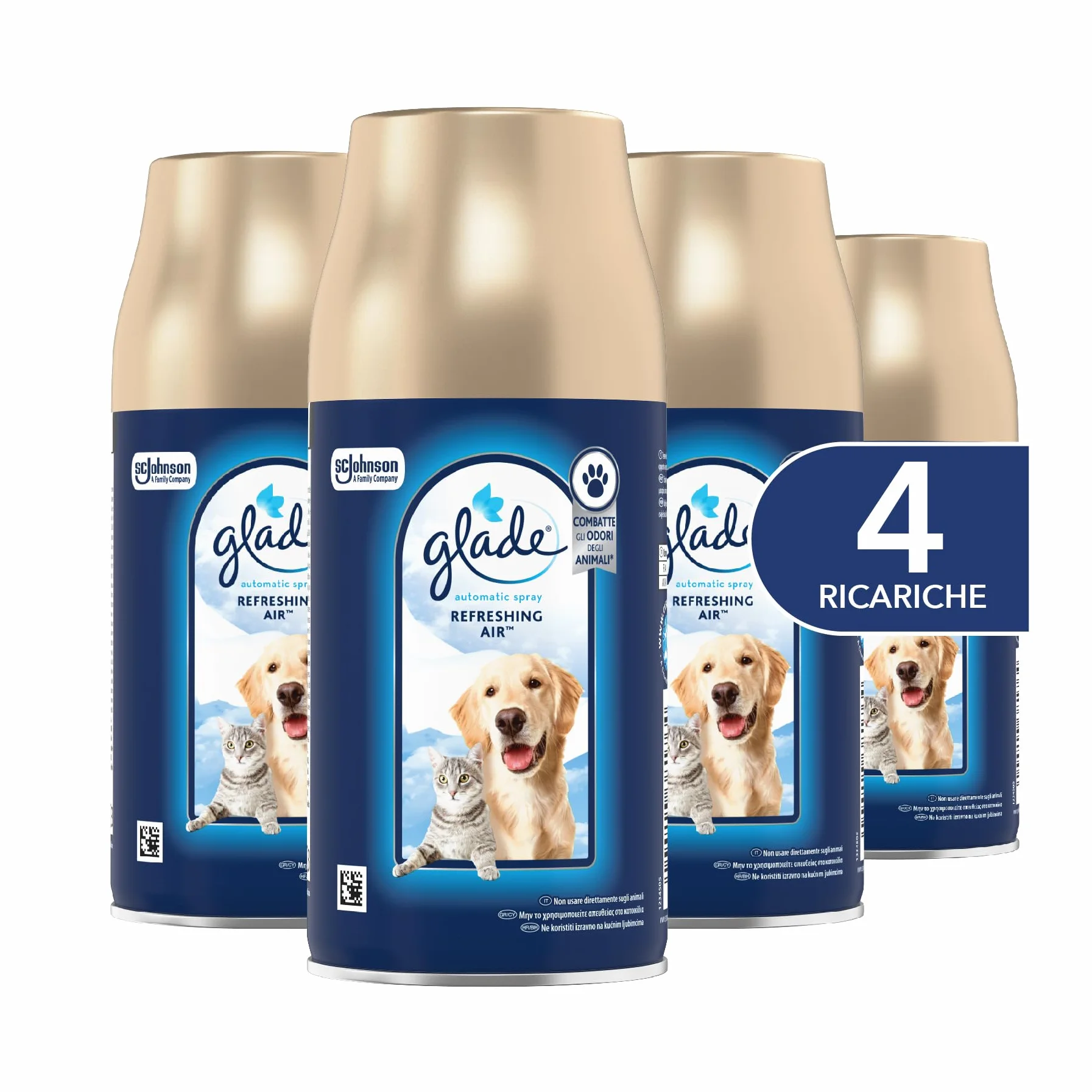 Glade Automatic Spray Ricarica, Profumatore per Ambienti, Fragranza Refreshing Air, Combatte gli odori degli animali domestici, 4 Ricariche da 269 ml