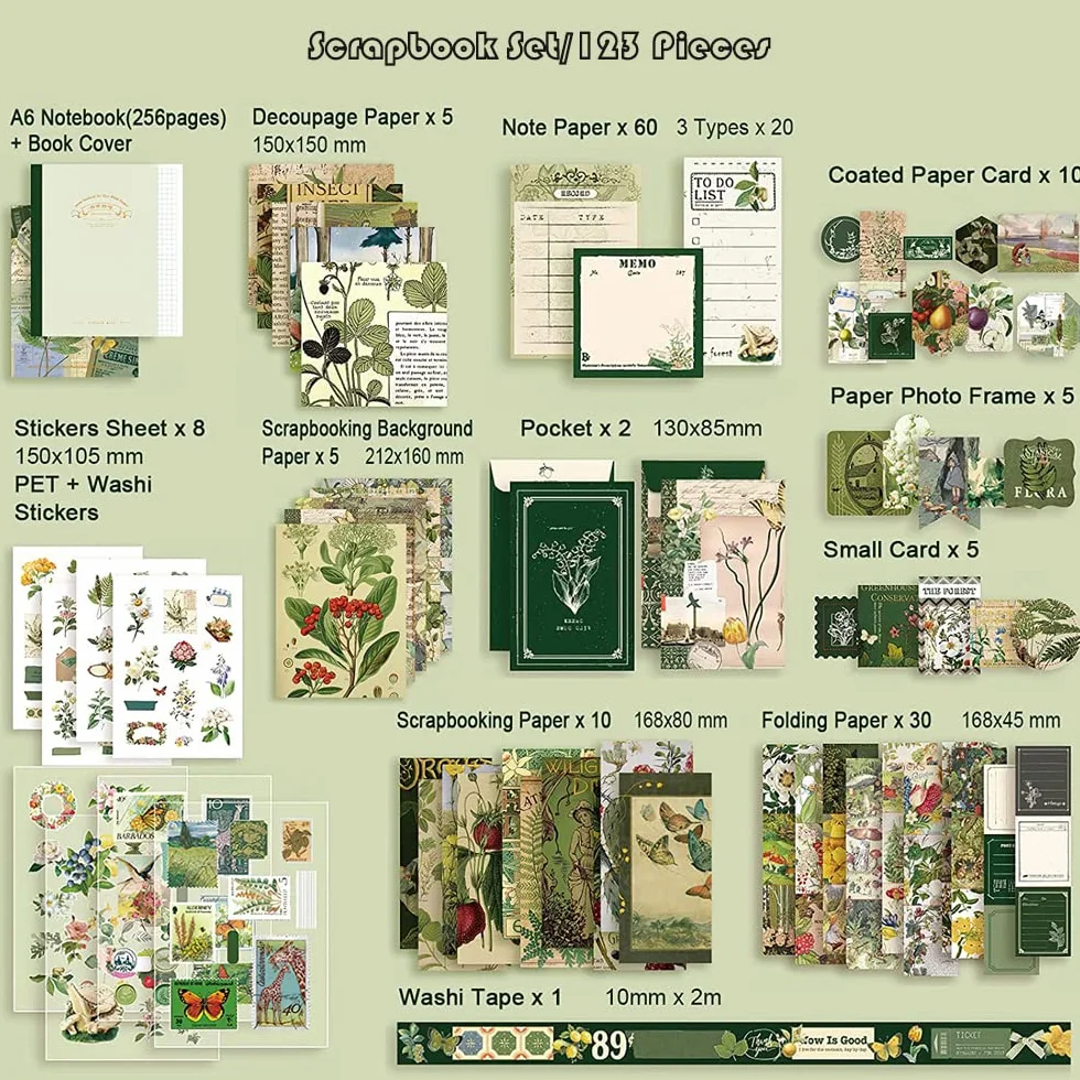 Irayin Set di Accessori per Scrapbook Vintage, 125 Pezzi Estetici Bullet Junk Journaling con Griglia A6, Album da Viaggio, Regalo Fai da te per Ragazze e Donne (Verde)