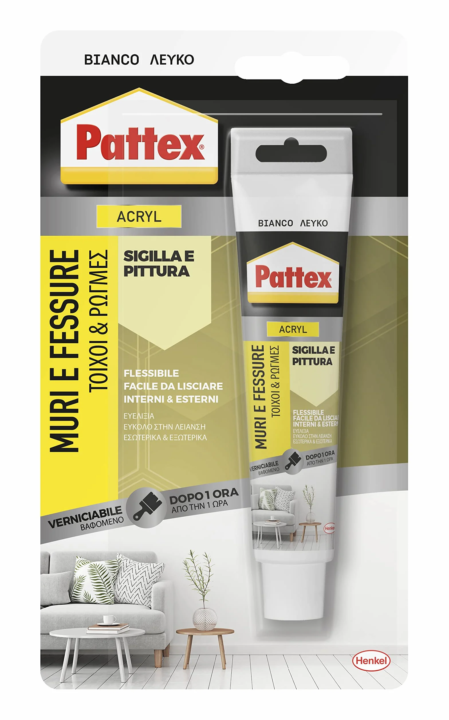 Pattex Sigillante Bianco Muri e Fessure, Acrilico, Verniciabile, per Facciate, Giunti, Fessure, Inodore, Uso Interno, Senza Solventi, Tubo da 50 ml