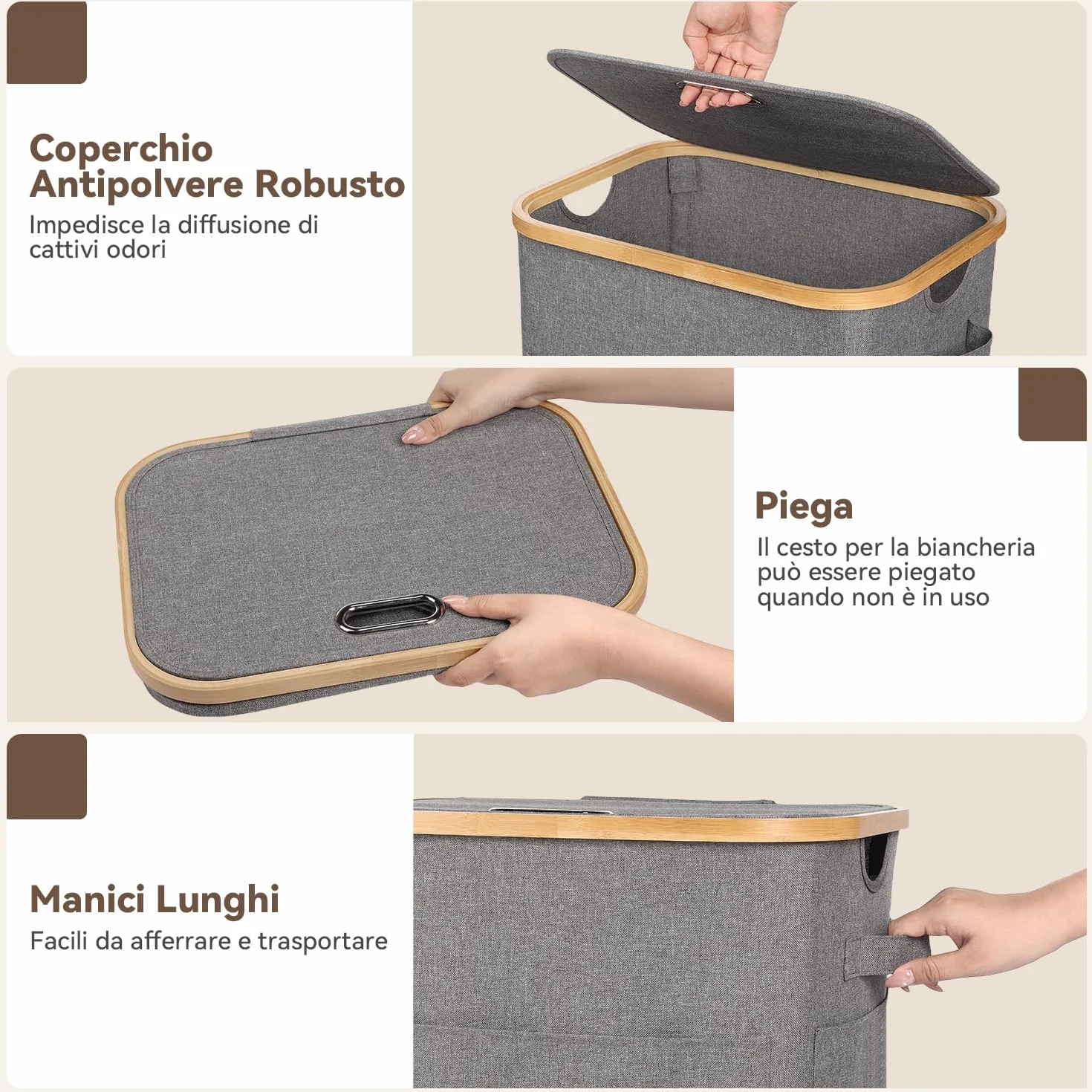 OUSFOT Cesto Portabiancheria Sporca 50L, Cesta Panni Sporchi con Grandi Tasche Anteriori e una Robusta Maniglia, Impermeabile Laundry Basket Per Armadi a Muro, Camere da Letto, Lavanderie, Bagno