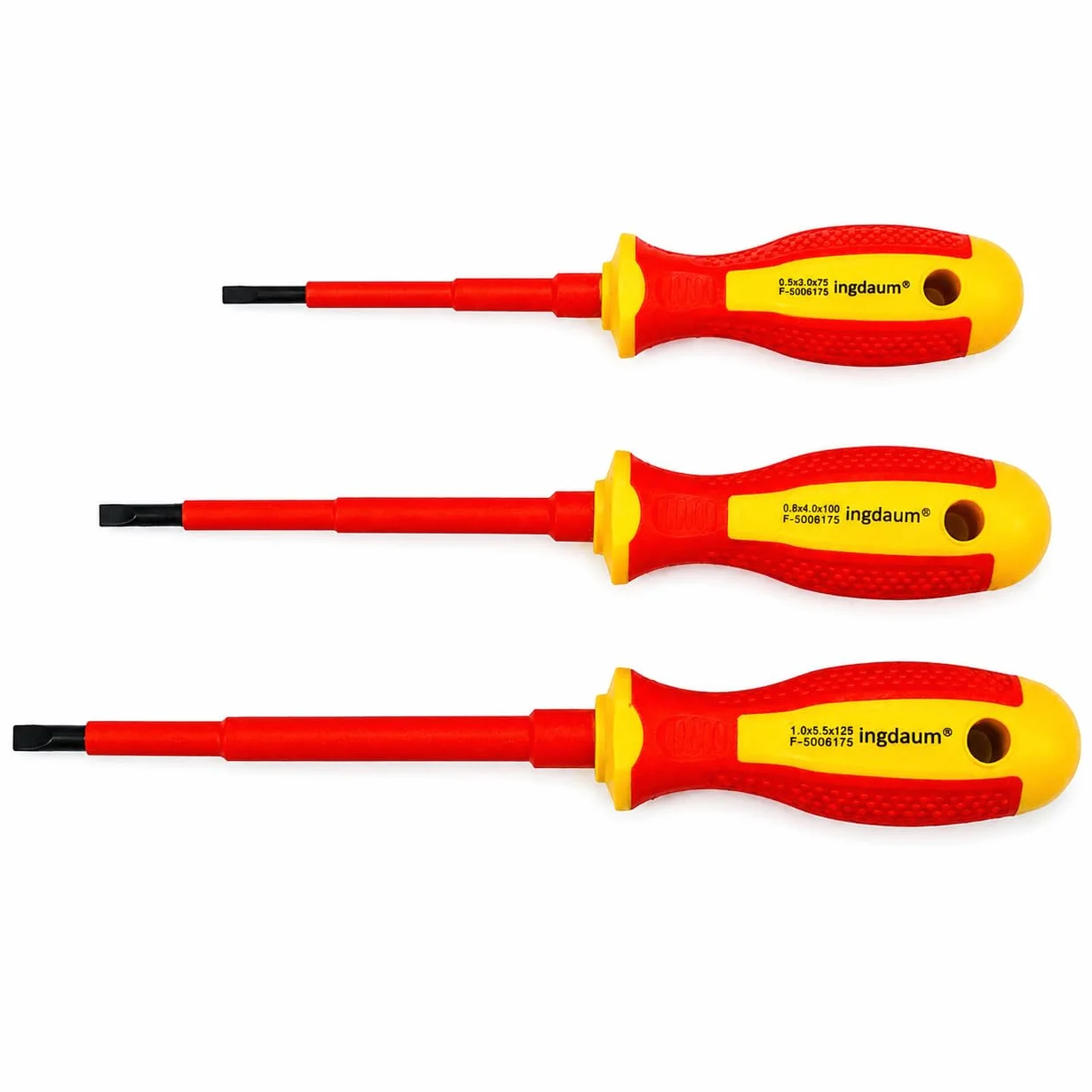 Cacciavite a taglio VDE isolato 1000 V – Cacciavite elettricista piatto – Venduto singolarmente o in set – Conforme VDE/IEC – Per installazioni elettriche (0,5 * 3mm, 0,8 * 4mm & 1,0 * 5,5mm)