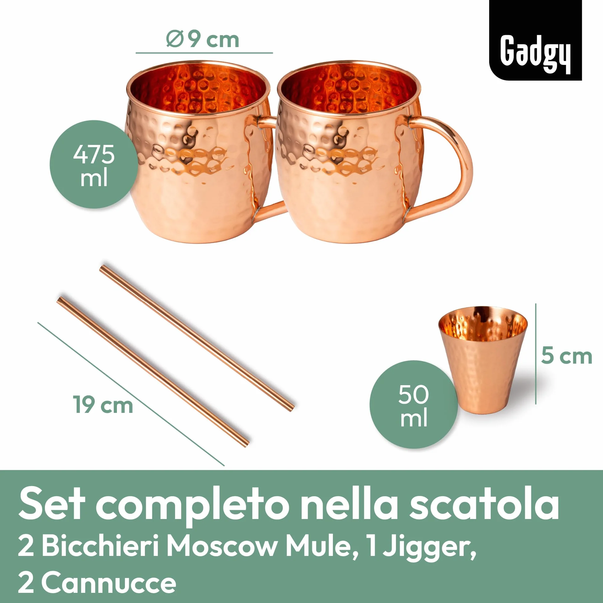 Set Moscow Mule in Rame – 2 Tazze Cocktail Fatte a Mano con Cannucce & Misurino – Bicchieri per Cocktail e Bevande Ghiacciate