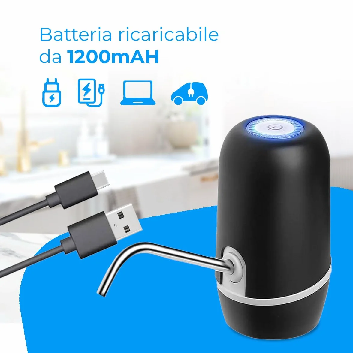 NK Dispenser di acqua automatico ricarica USB dosatore acciaio senza BPA 1200 mAh 1,5 l Nero