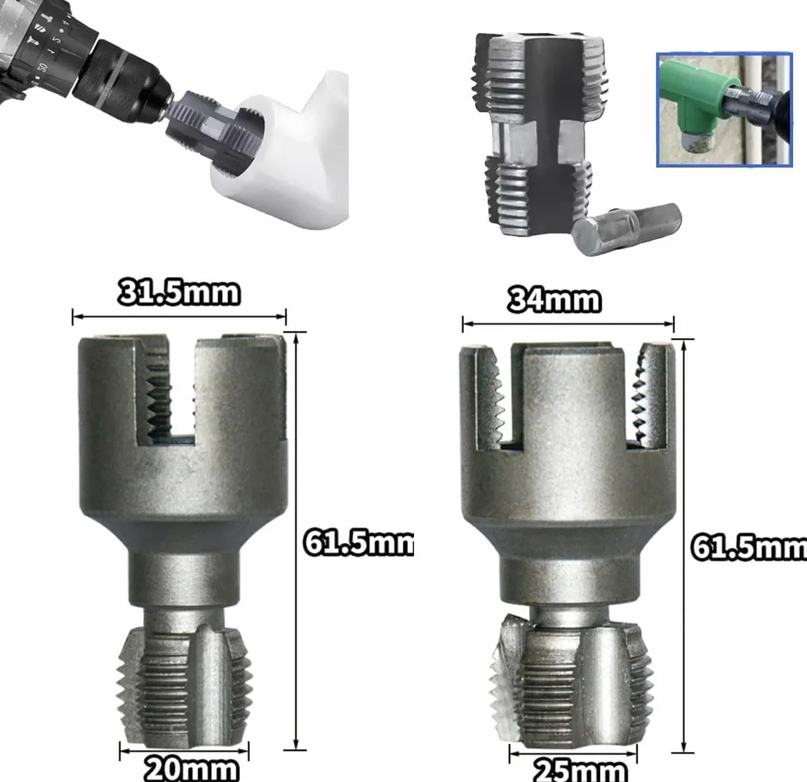 Integrated Internal & External Pipe Threading Tool,Pipe Thread Cutting Tool,1/2'' 3/4'' PVC Pipe Threader Kit for Electric Drill, Plumbing Repairs (1/2"+3/4")