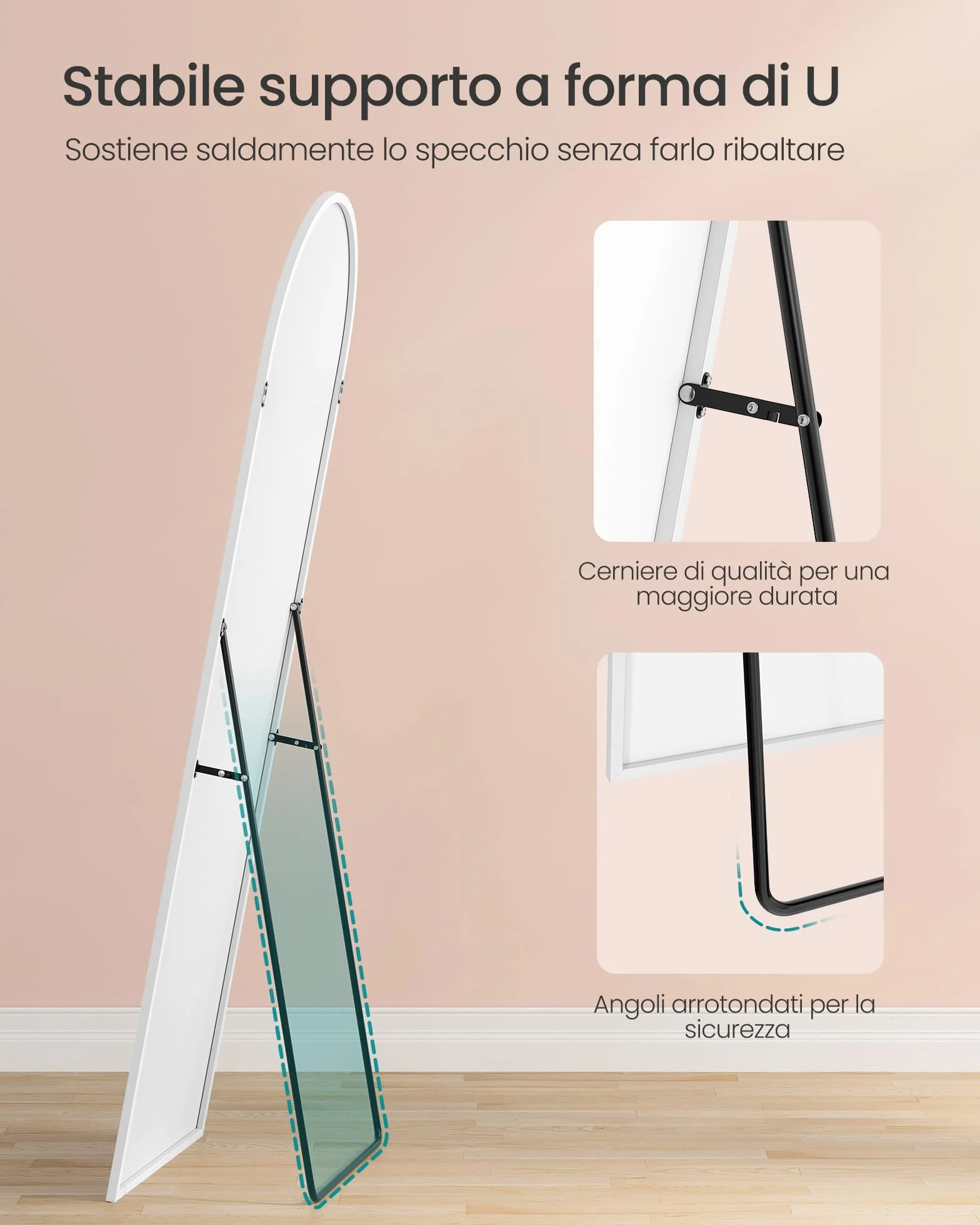SONGMICS Specchio a Figura Intera 160x50 cm, Specchio da Terra ad Arco, Cornice in Alluminio, Vetro Temperato, Bianco Opaco LFM031WC01