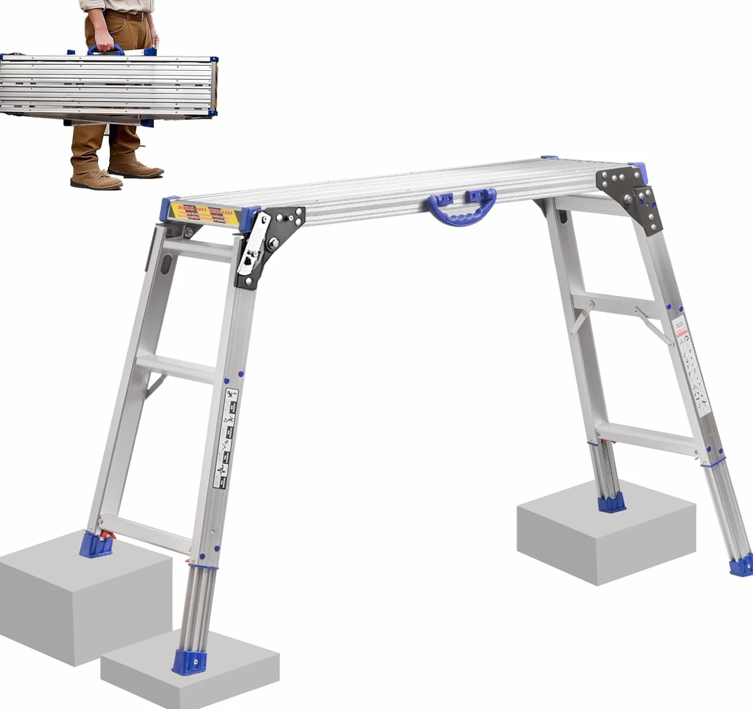 Piattaforma di lavoro100x 30cm, Scaletta pieghevole a 2 gradini in alluminio, Banco da lavoro altezza regolabile, con piedini in gomma antiscivolo e serrature di sicurezza, portata di 150kg
