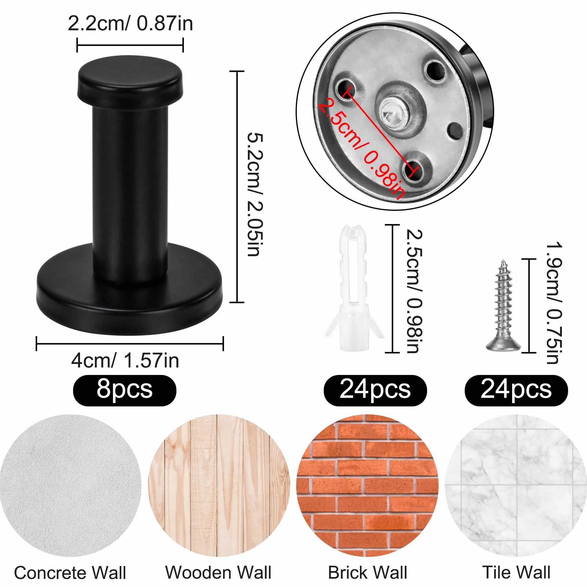 Appendiabiti da Parete in Acciaio Inox Nero 50mm 8 Pezzi Ganci per Cappotti