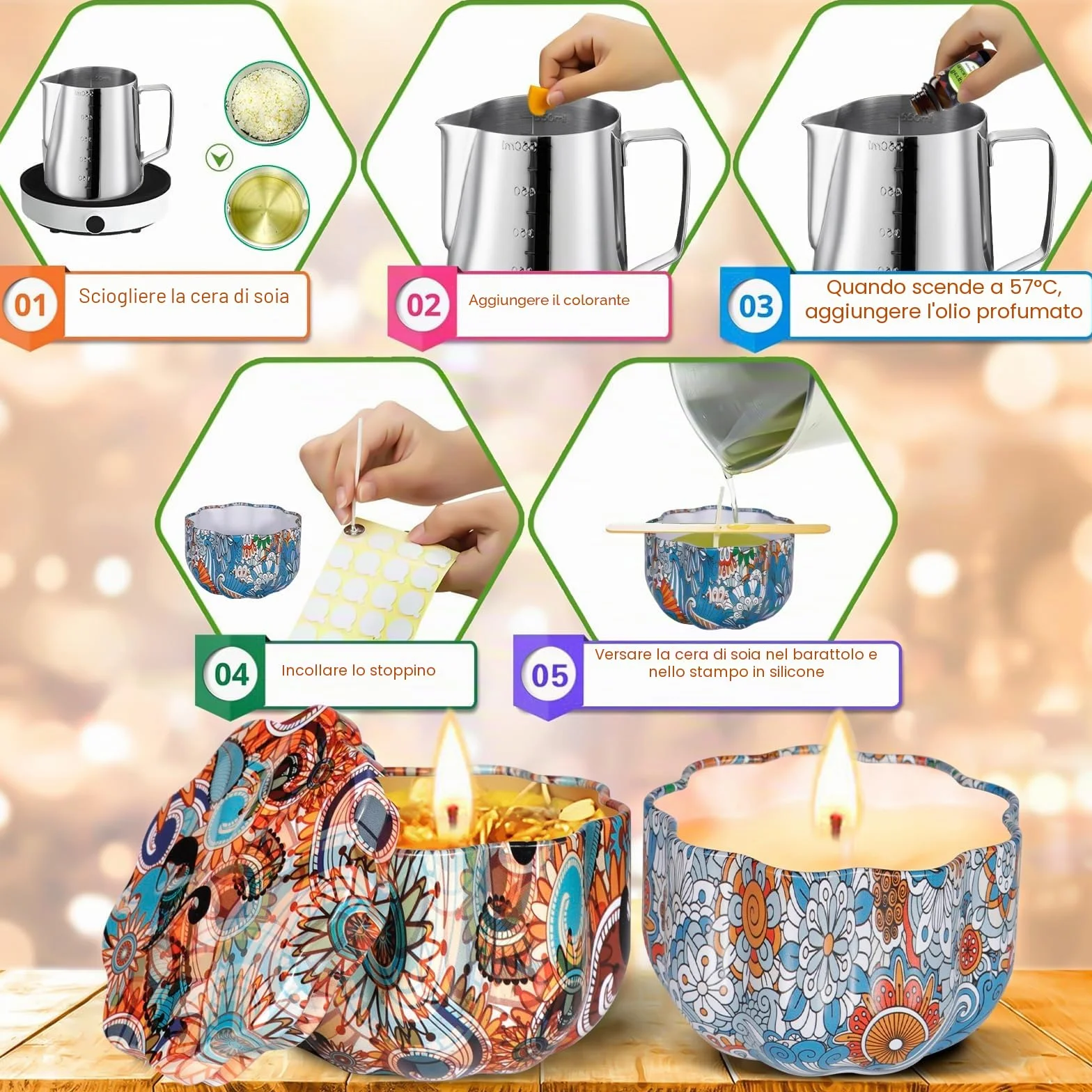ITMNMNL Kit per Candele Fai da Te, Set con 50 Stoppini, 8 Barattoli, Coloranti - per Principianti