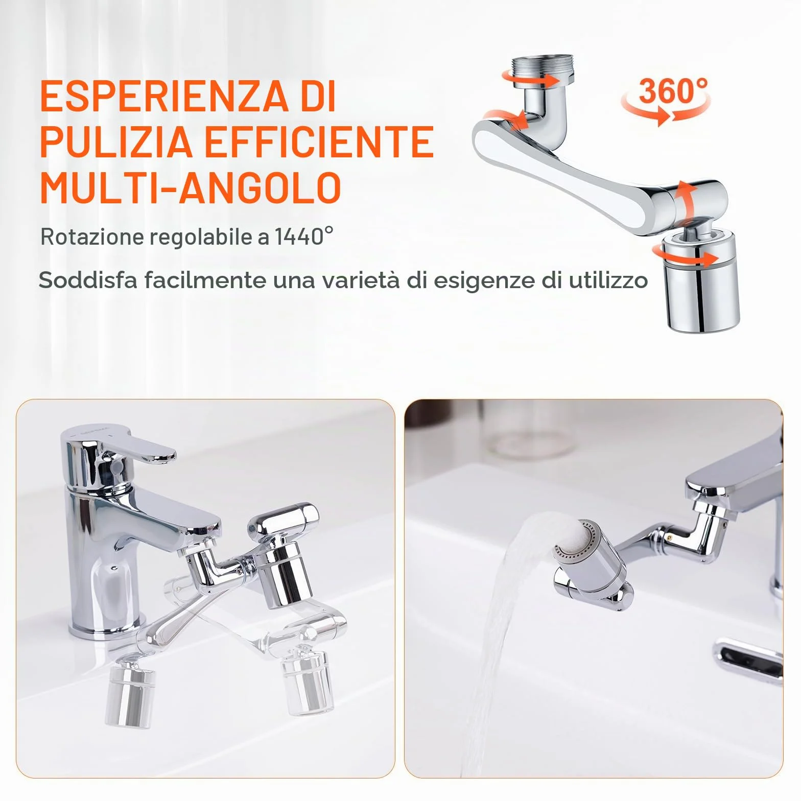 Ibergrif Prolunga Rubinetto Cucina Bagno Rotante 1440 Gradi, Aeratore Regolabile, 2 Modalità di Acqua, Accessorio Facile Installazione, Filtro Antispruzzo, Argento, M91006