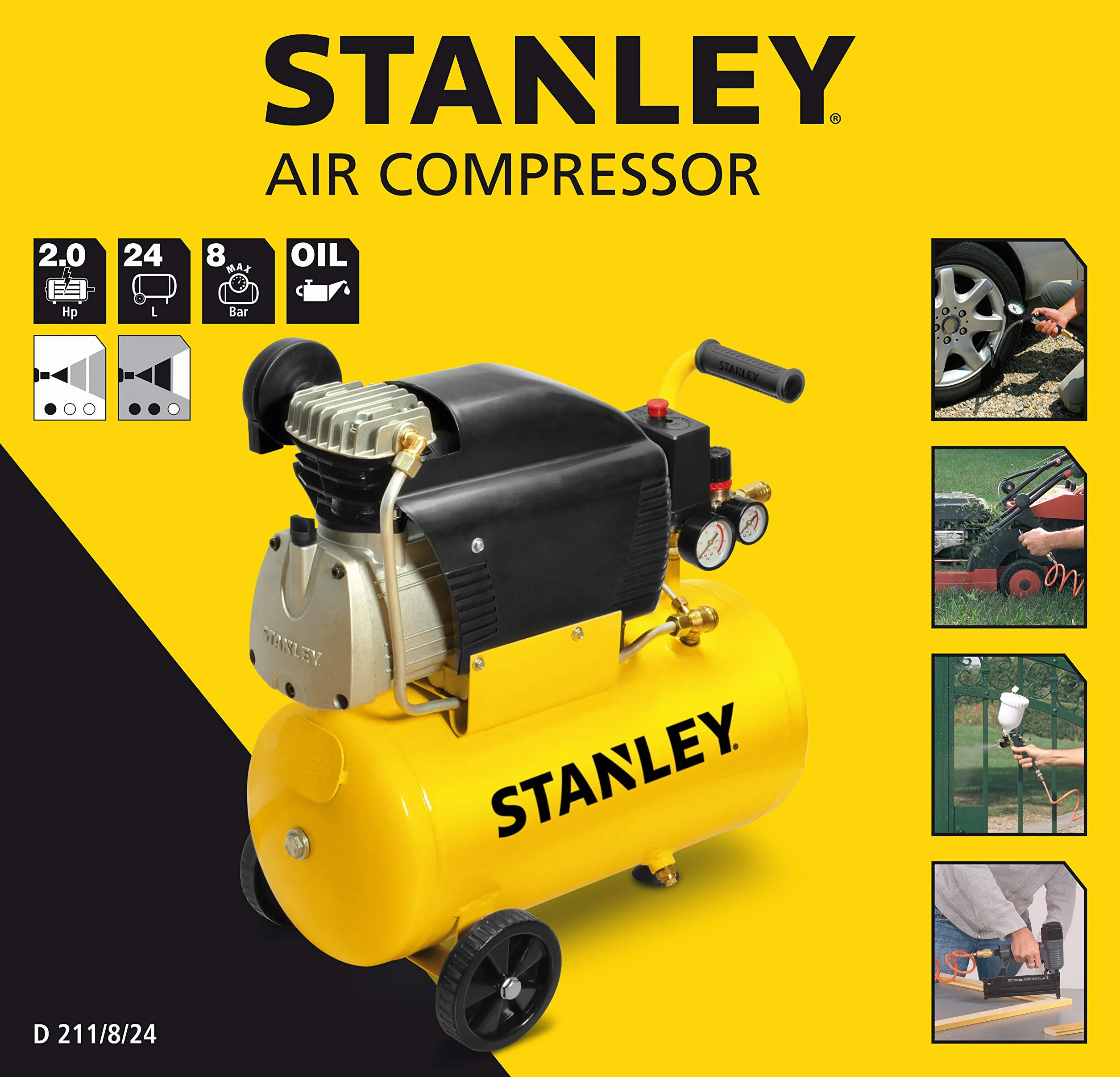 STANLEY D211/8/24 Compressore 24 Litri 2Hp, 230 V, Giallo, 24 Kg