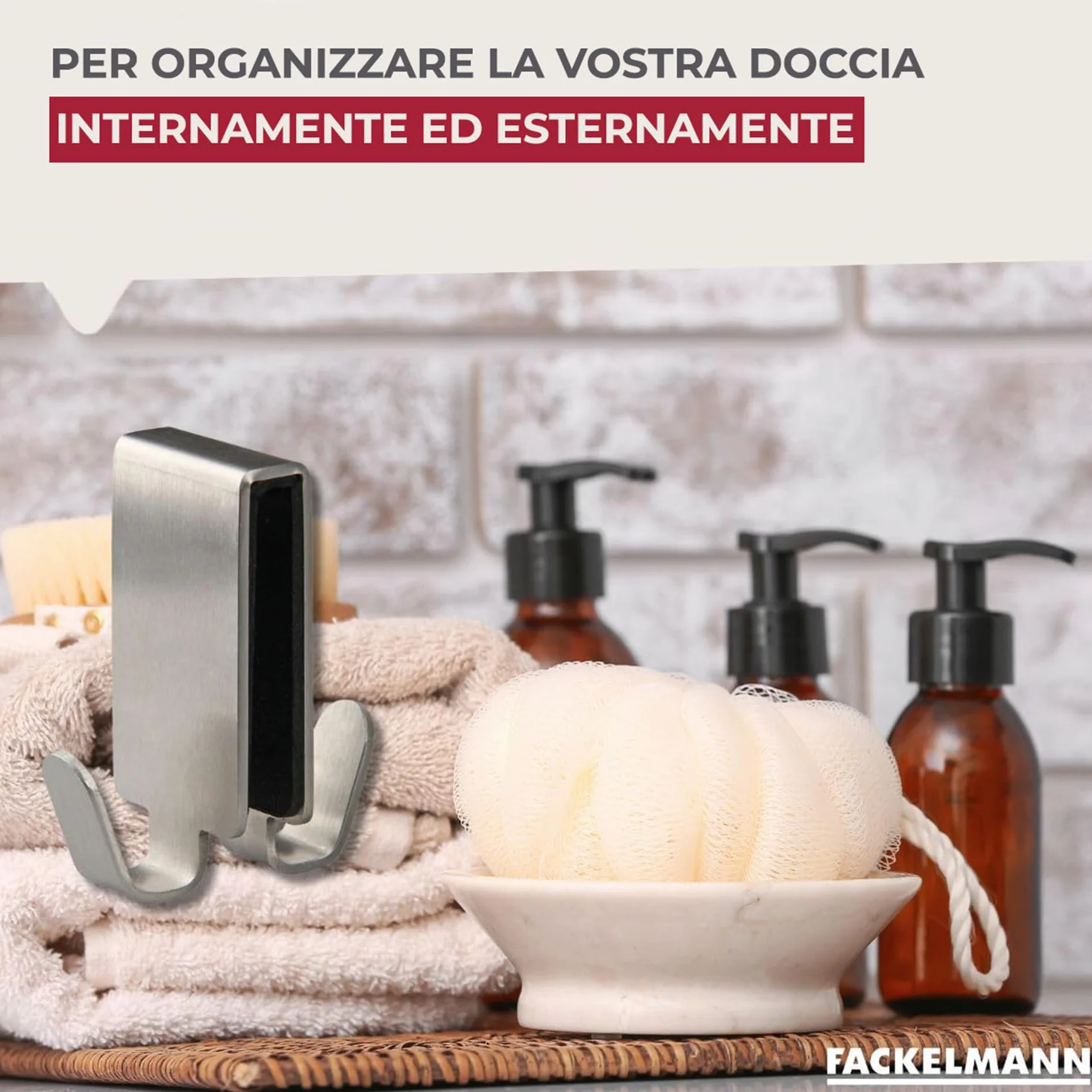 Fackelmann Gancio doppio per box doccia, appendi accappatoio, materiale in acciaio inox, dotato di feltrino interno antigraffio, adatto ai box doccia con spessore standard, dimensioni 7,6 x 6,7 cm