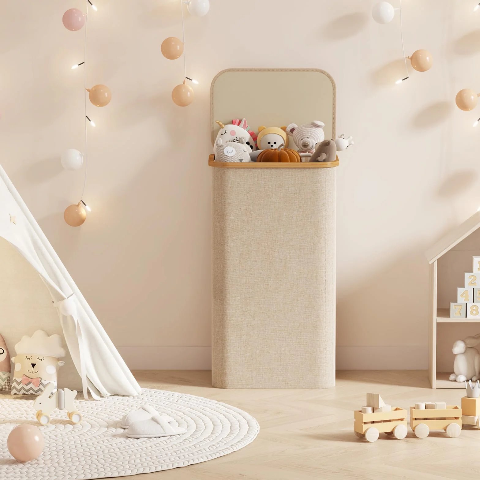 Lifewit Cesta Portabiancheria 100 L con Coperchio, Grande Cesto Biancheria Pieghevole in Bambù con Sacco Interno, Portabiancheria Salvaspazio, Laundry Basket per Camera da Letto, Bagno, Beige