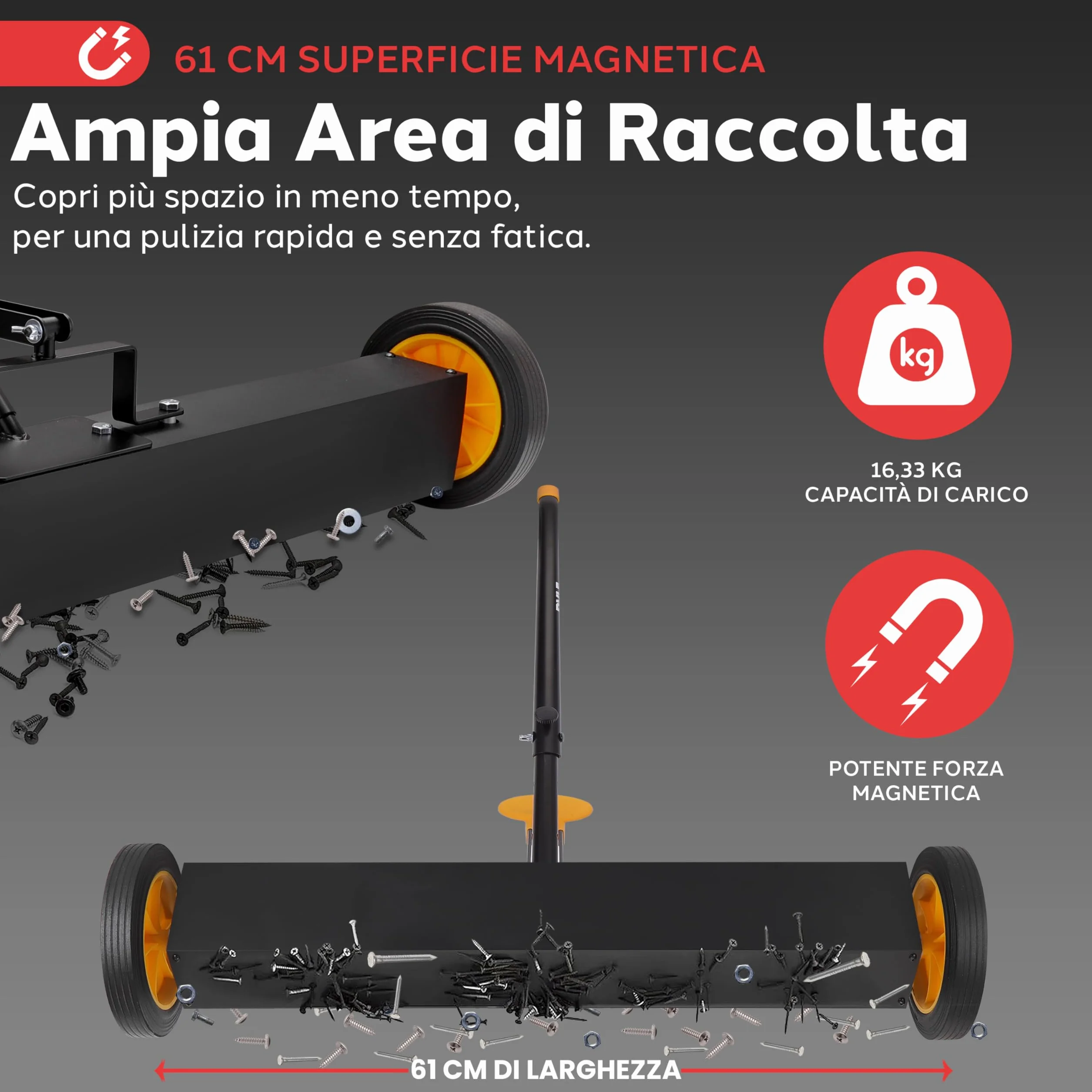 Pyle Spazzatrice Magnetica con Ruote 61 cm, Scopa Magnetica per Chiodi, Viti, Bulloni, Manico Regolabile, Raccoglitore Parti Metalliche per Uso Industriale e Commerciale, Nero/Arancione