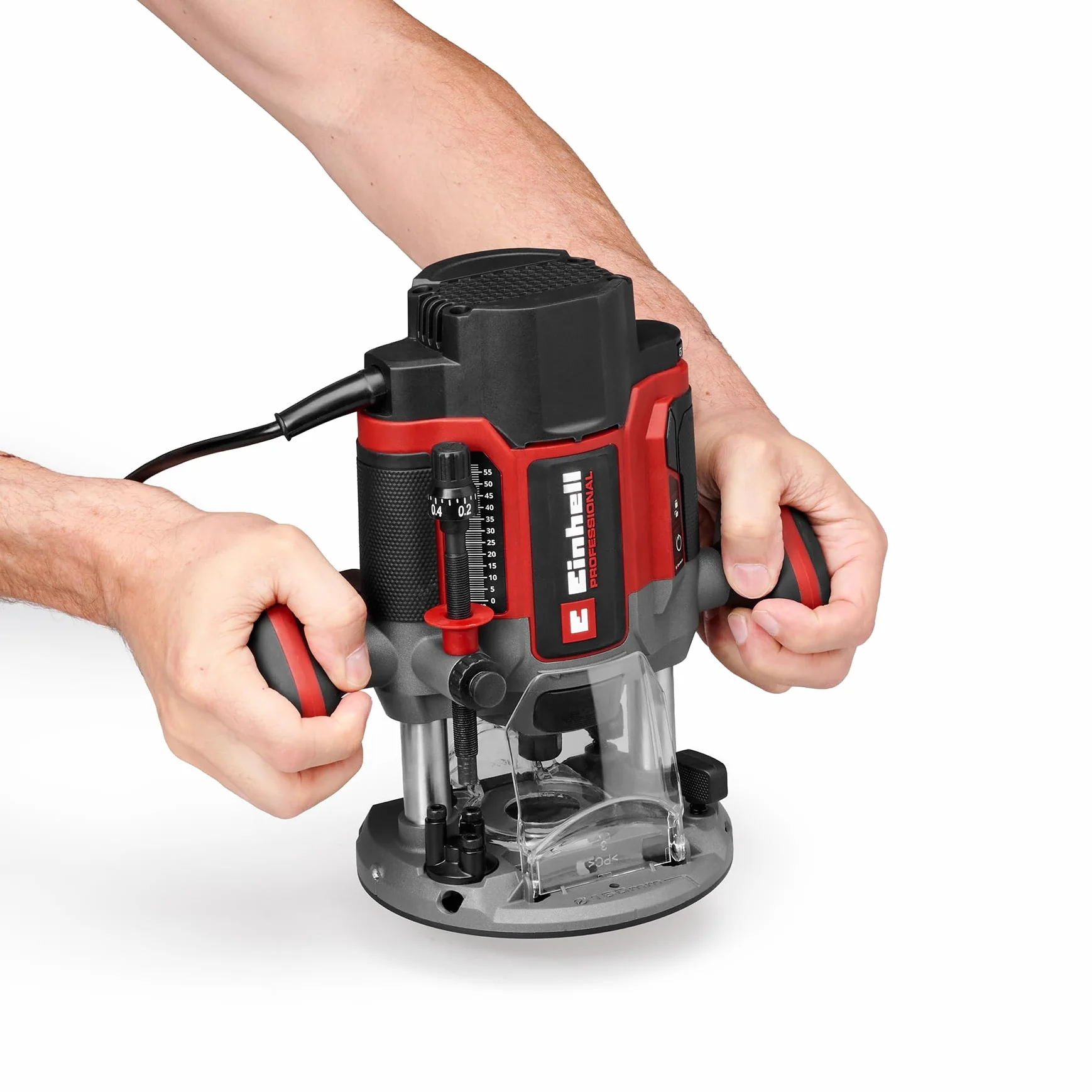 Fresatrice Einhell Professional TP-RO 1400 E (1400 W, altezza di soll. 55 mm, pinze di serraggio Ø 6 e 8 mm, luce a LED, incl. Guida parallela, punta del compasso, manicotto copiatore e utensile)