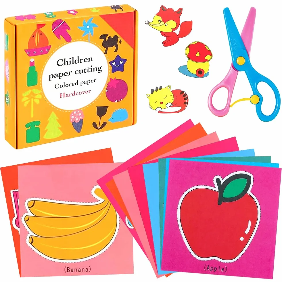 Set Taglio Carta per Bambini, 1 Forbici Sicurezza + 96 Fogli di Carta Colorata, Divertente Set di Attività di Taglio Della Cartas Giocattolo