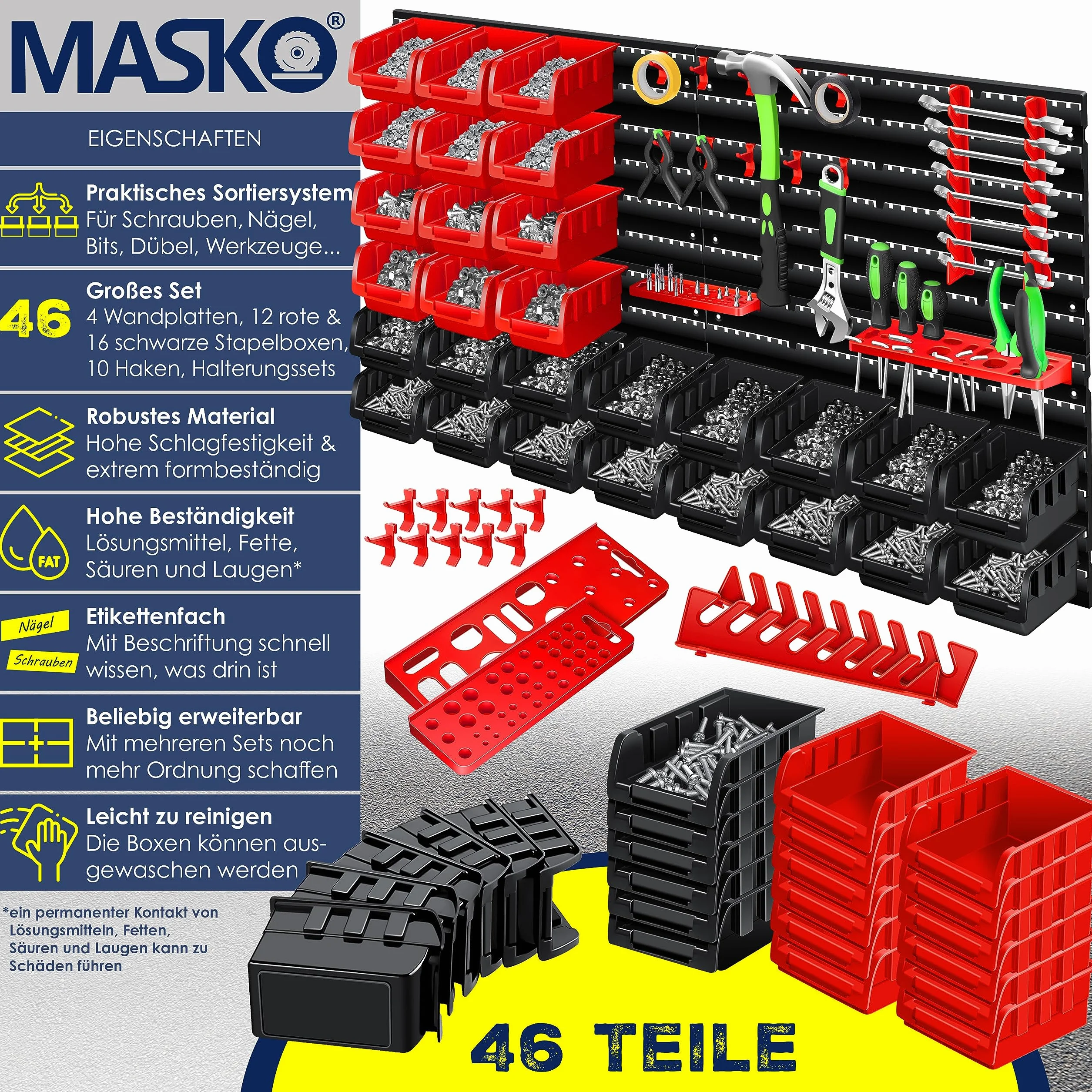 Masko® Scaffale da parete + Scatole impilabili + Portautensili, Espandibile, Scaffale da officina, Scatole portaoggetti visibili, 45 Parti - Nero/Rosso