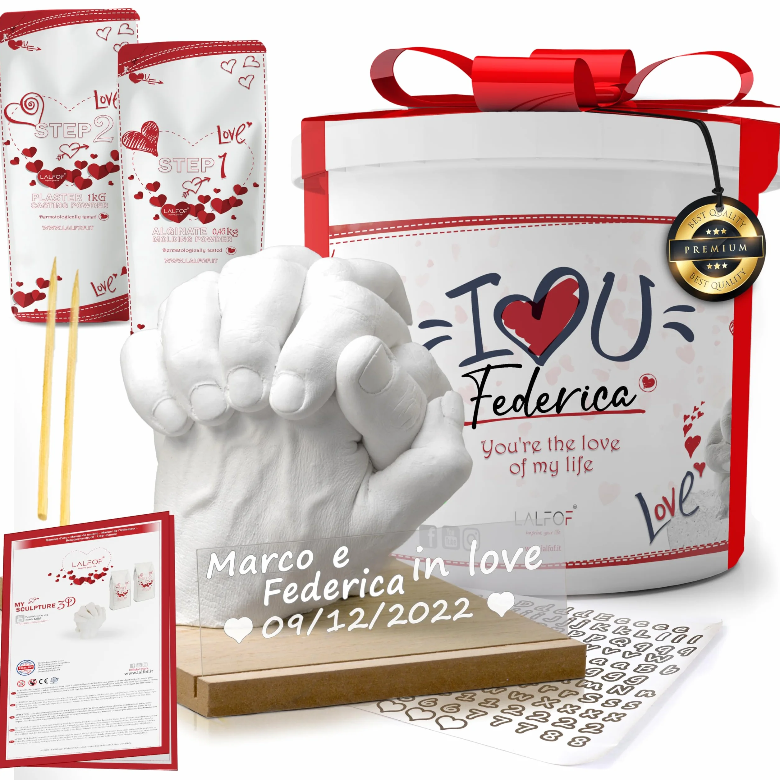 Lalfof® Calco Mani Coppia con NOMI | Regalo anniversario per lui lei | Regali per lui/lei con gesso per stampi dermatologicamente testato | Regalo fidanzato fidanzata coppia anniversario matrimonio