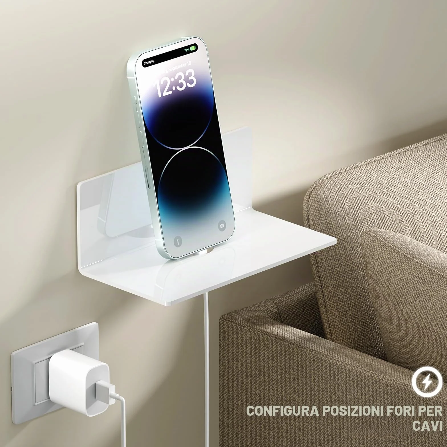 Toski Set di 2 mensole autoadesive da parete, senza foratura, larghezza 23 cm, in acrilico, per bagno, soggiorno, camera da letto, cucina, ufficio, bianco