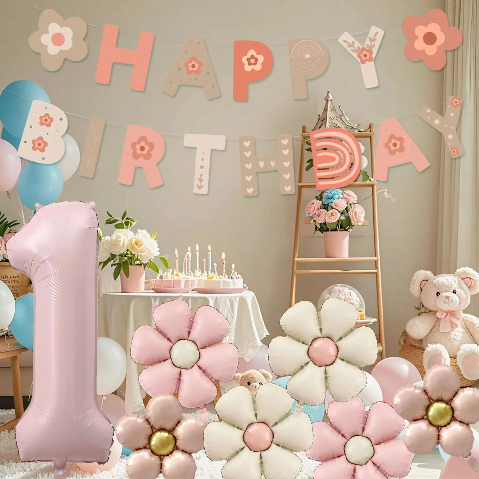 8 Pezzi Palloncini Compleanno 1 Anno Bimba, Palloncino Foil Margherita, Palloncini a Forma di Fiore, Decorazioni Compleanno 1 Anno, per Tema Feste compleanno Decorazioni